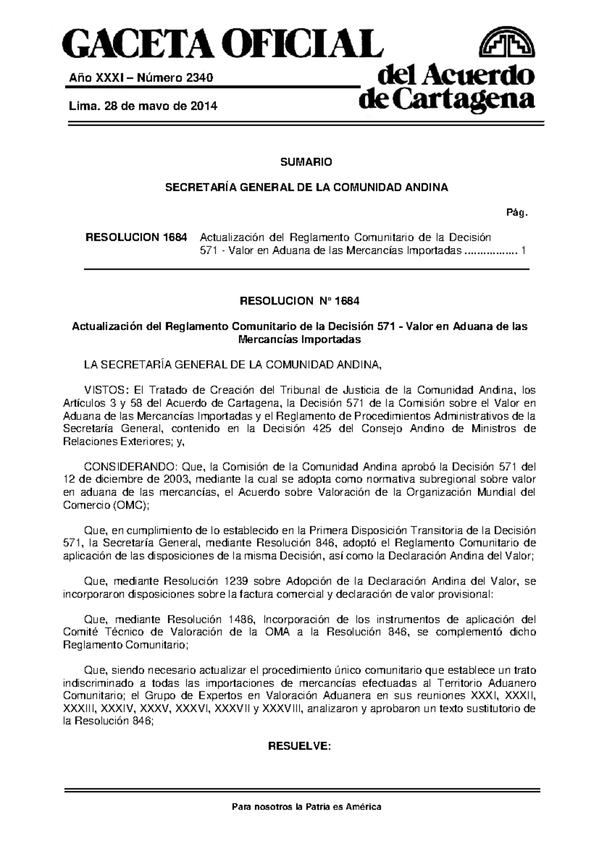 Resolución 1684: Actualización del Reglamento de Valor en Aduana CAN ...