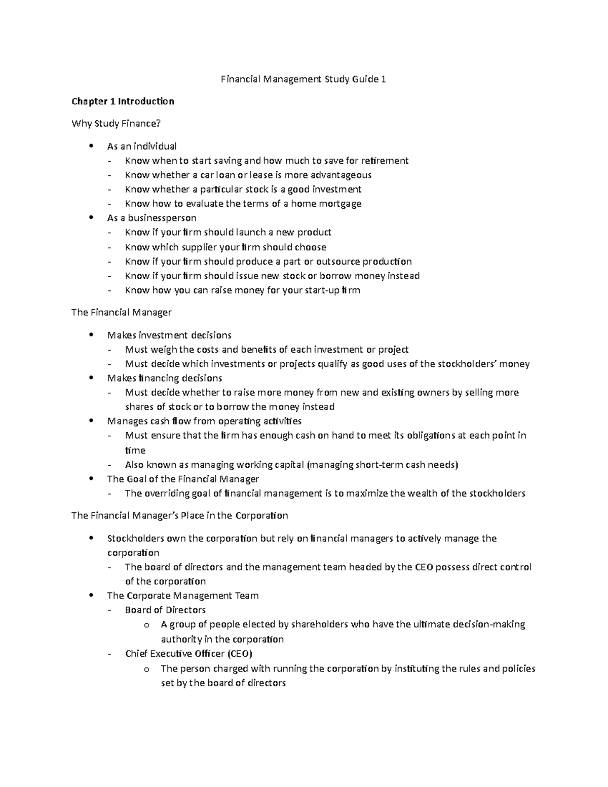 Financial Management Test 1 Study Guide and Key Concepts - Studocu