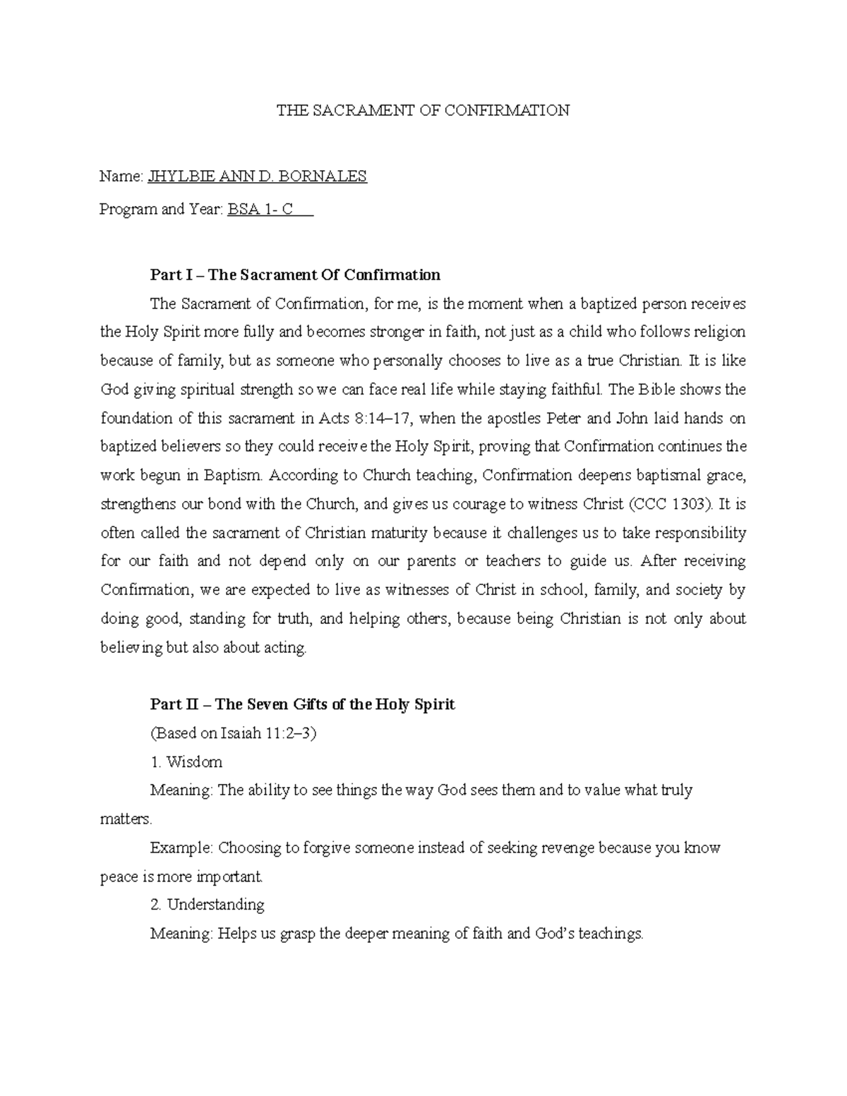 BSA C Essay Notes: Understanding the Sacrament of Confirmation - Studocu