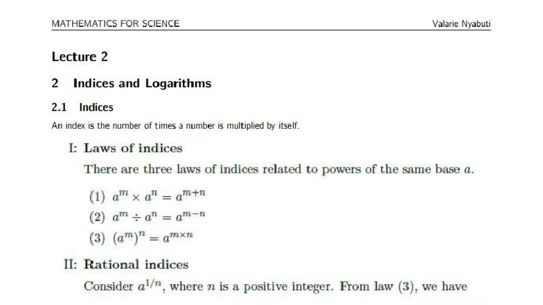 MATHEMATICS FOR SCIENCE (MATH 101) Lecture 2: Indices & Logarithms ...