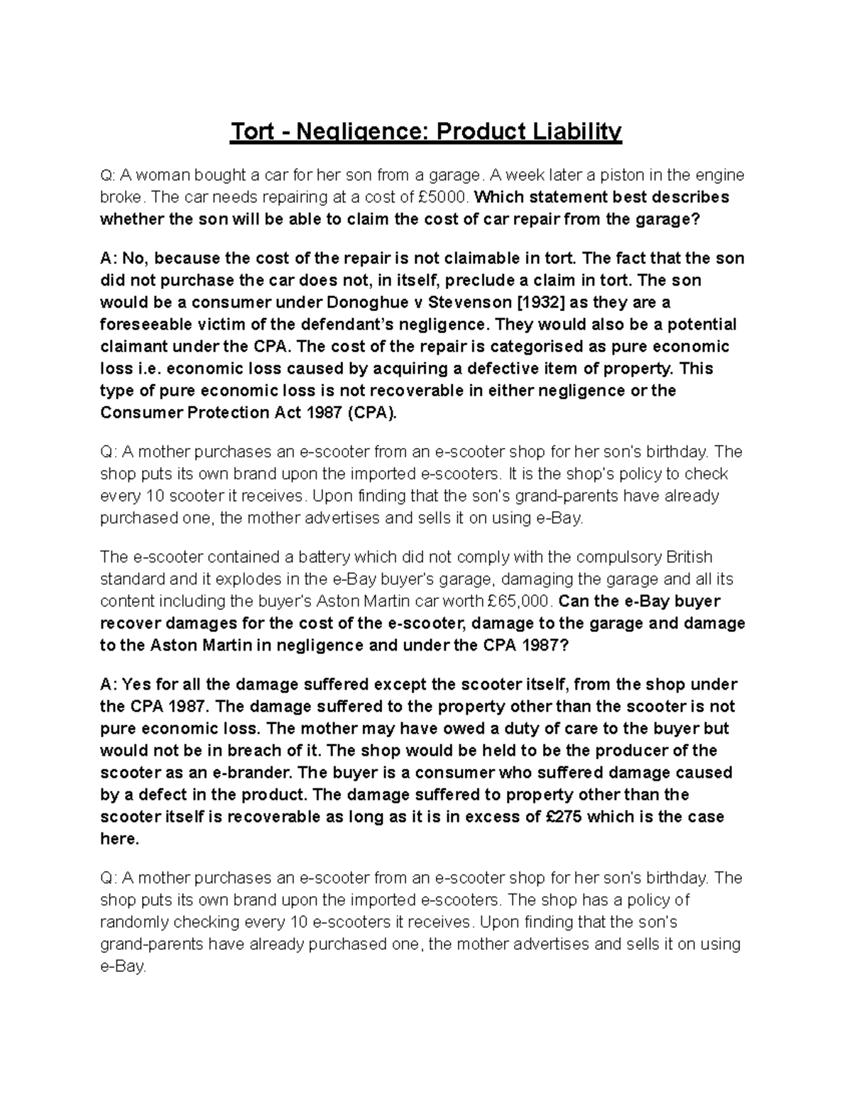 Tort Law - Negligence & Product Liability (CPA 1987) Exam Notes - Studocu