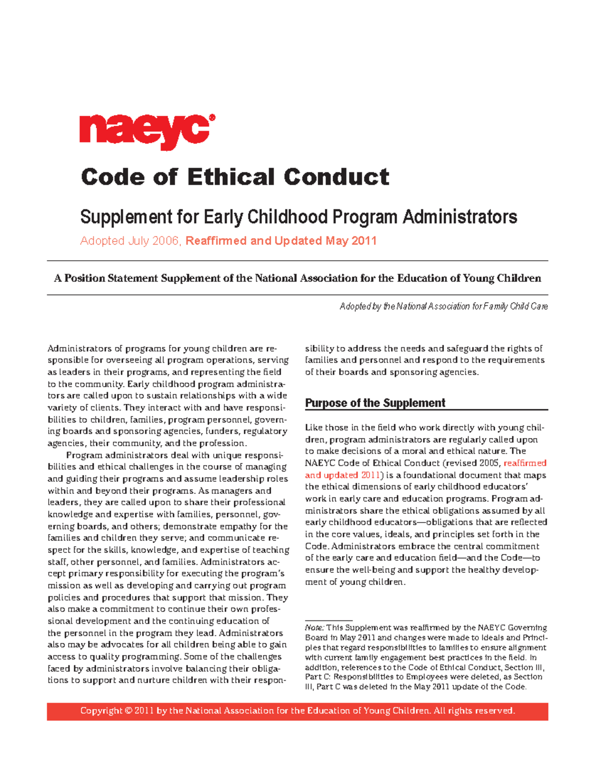 Naeyc Code of Ethical Conduct Supplement for Early Childhood Program ...