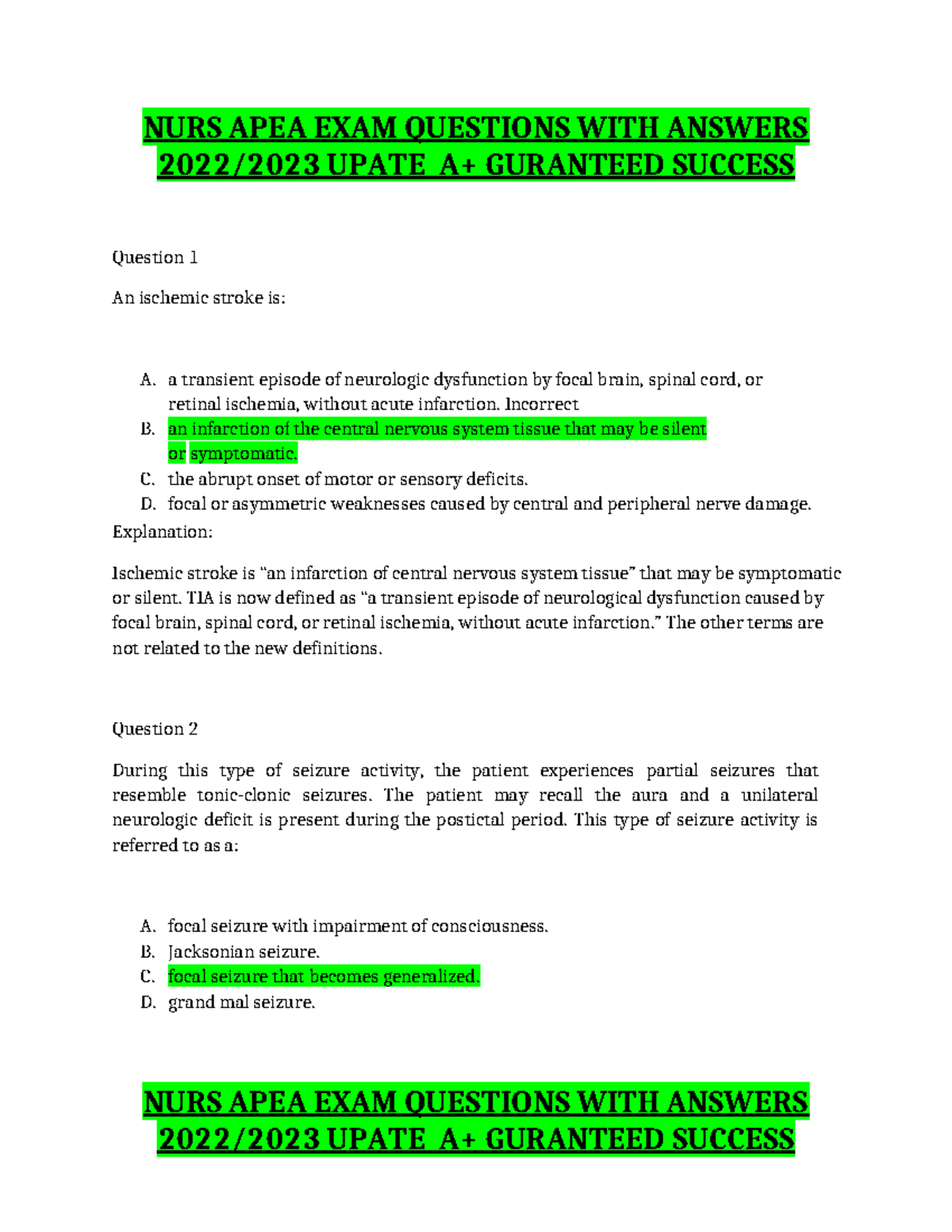 NURS APEA EXAM QUESTIONS WITH ANSWERS 2022/2023: A+ SUCCESS GUIDE - Studocu