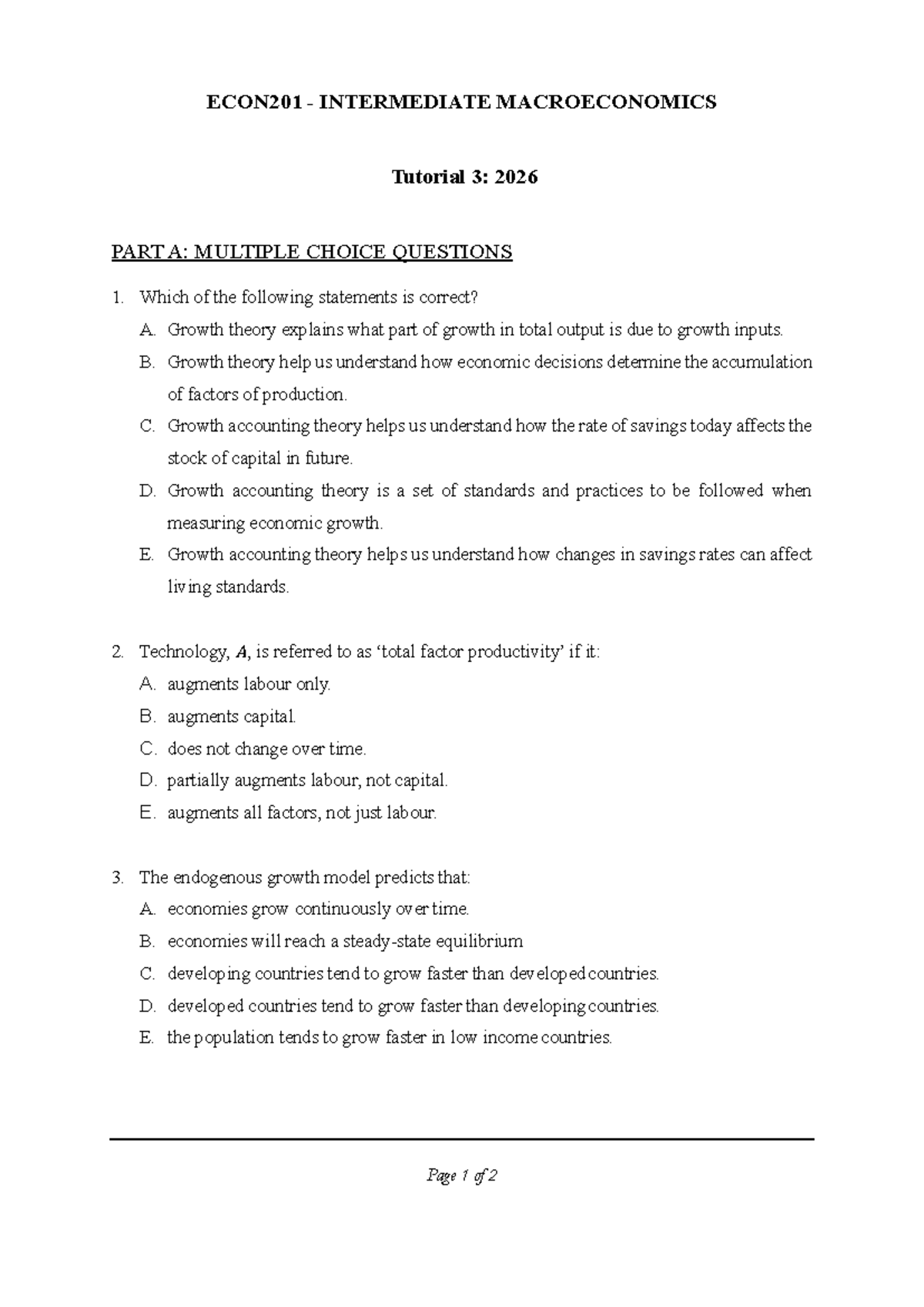 ECON201 INTERMEDIATE MACROECONOMICS Tutorial 3: MCQs & Answers - Studocu