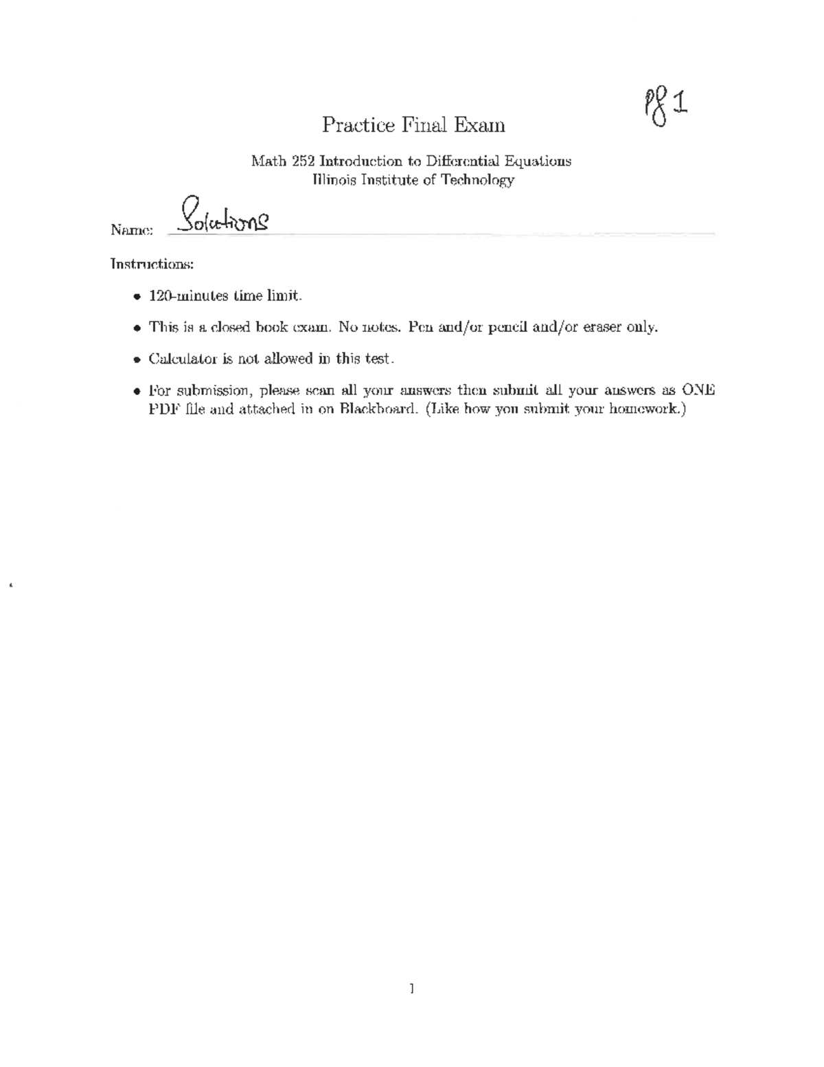 Math 252 Practice Final Exam Solutions - Studocu
