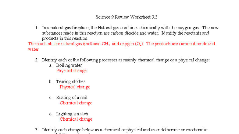 Sci 9 Review Worksheet 3.3: Chemical & Physical Changes Explained - Studocu