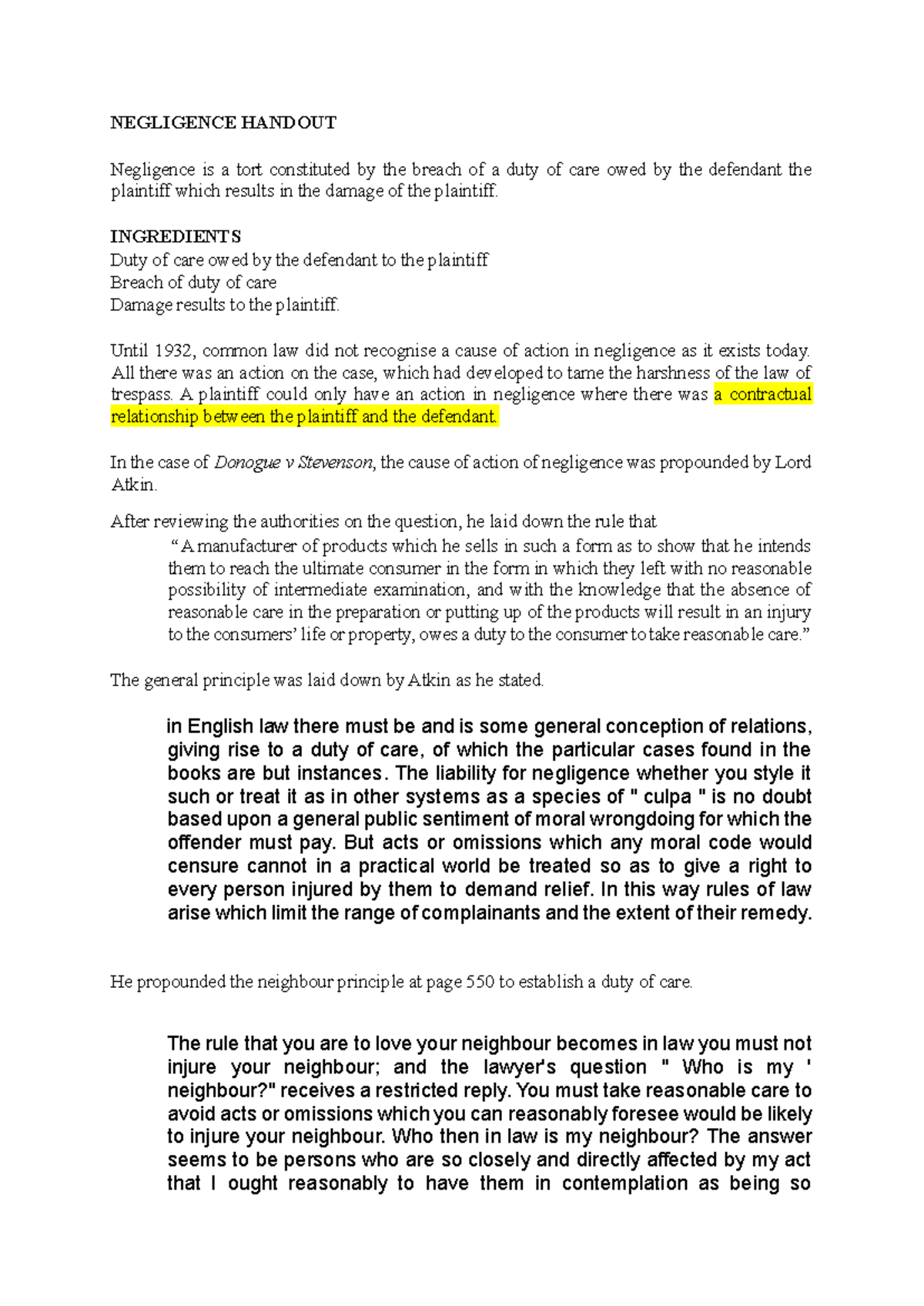 Negligence Overview: Key Principles and Case Law Analysis - Studocu