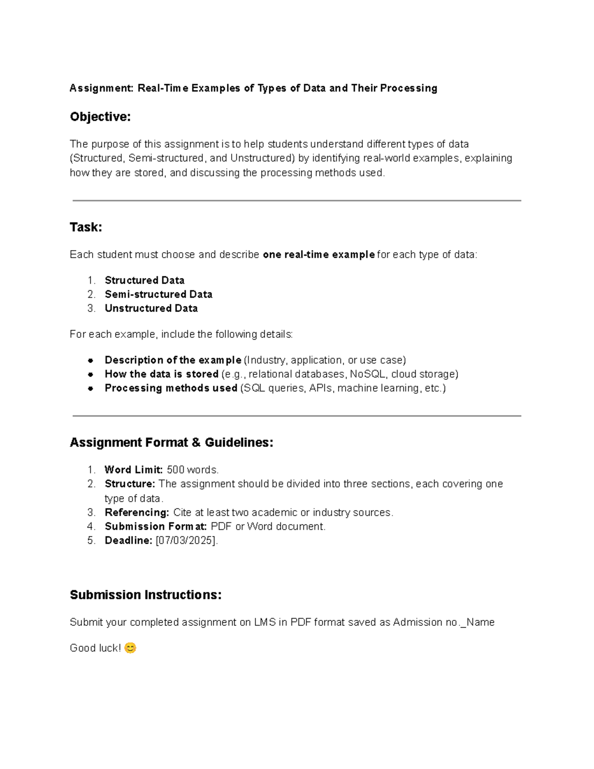 Assignment: Types of Data & Processing Methods - Lec 2 Post Session ...