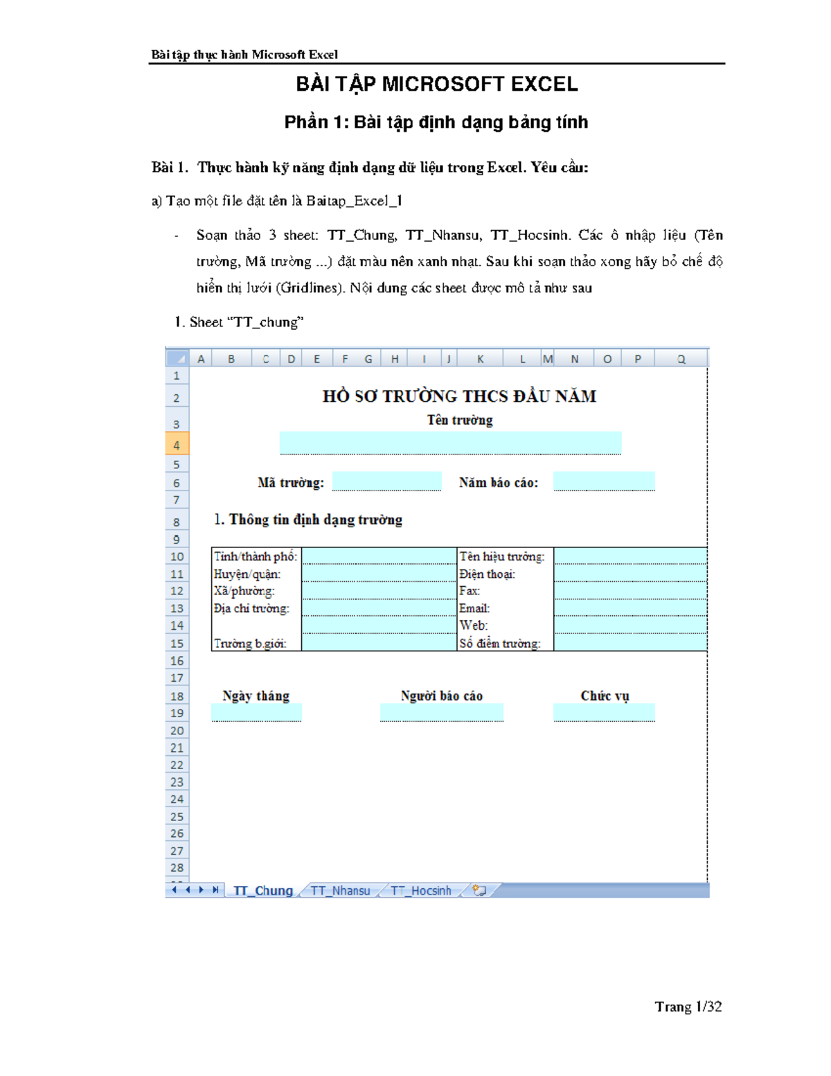 Bai tp thc hanh Microsoft Excel BAI T - BÀI T P MICROSOFT EXCEL Ph n 1 ...