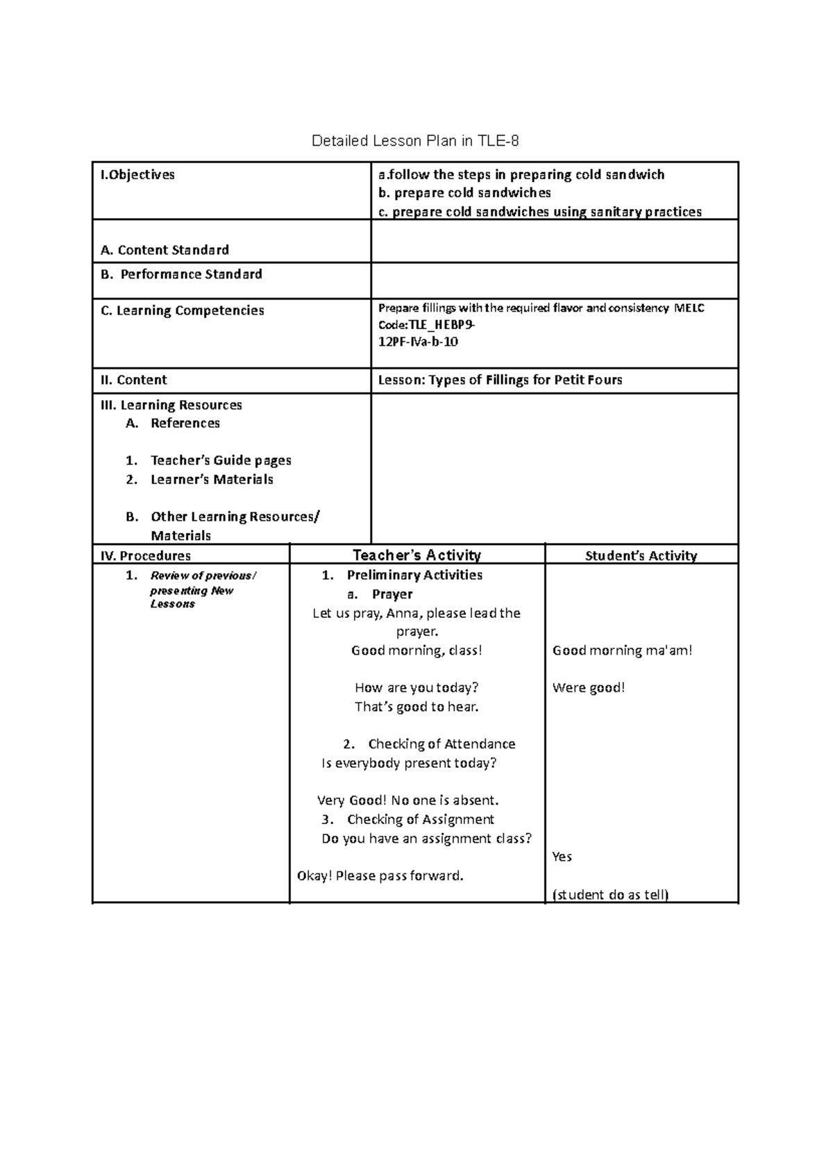 Detailed Lesson Plan: Preparing Cold Sandwiches (Culinary Arts) - Studocu