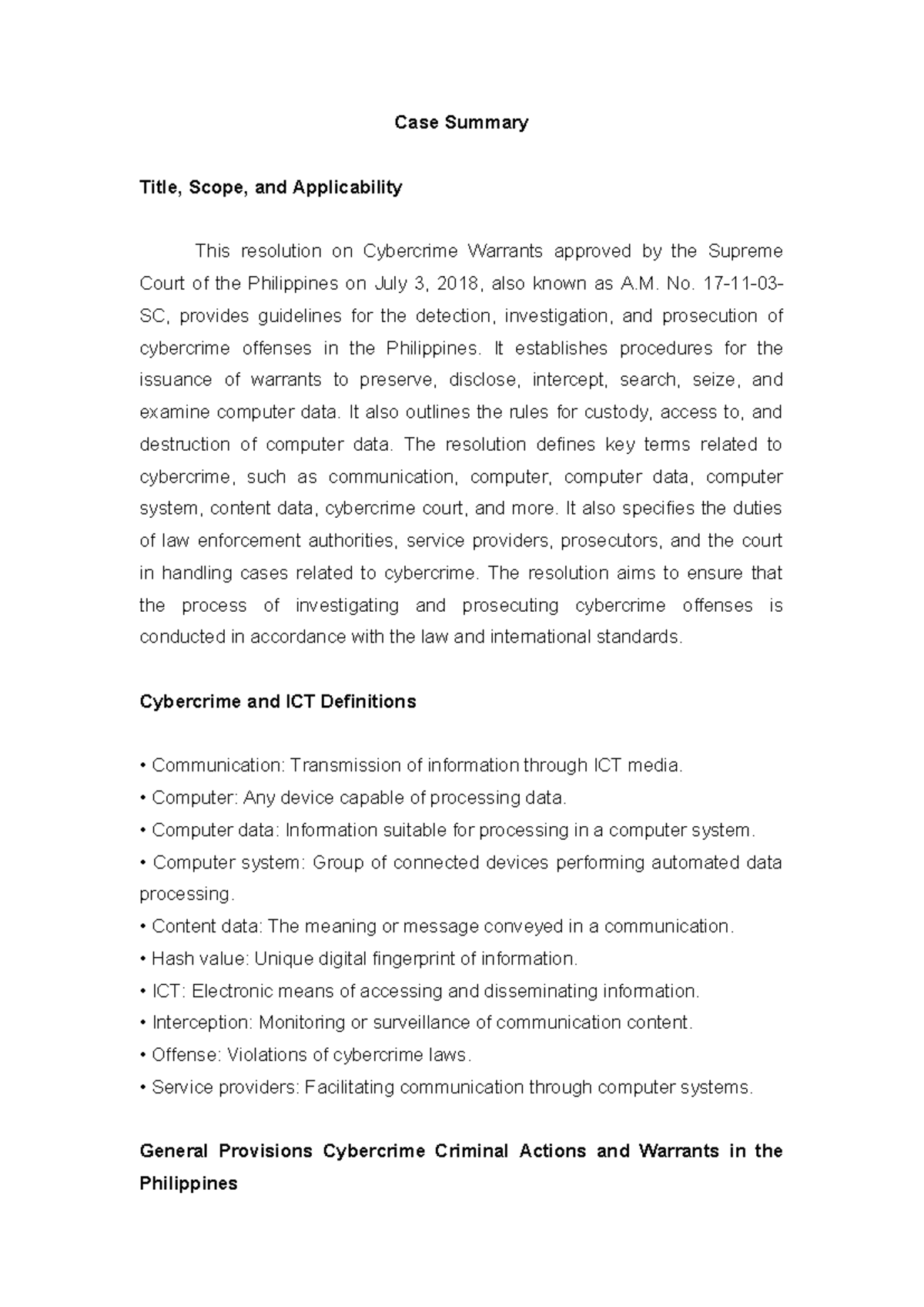 Case-Summary Cyber Crime-Warrants - Case Summary Title, Scope, and ...
