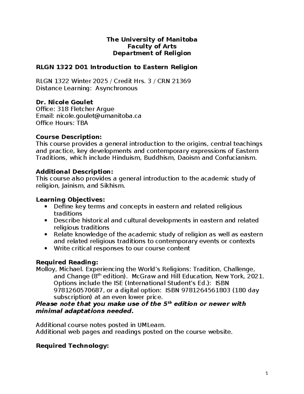 RLGN 1322 Syllabus: Intro to Eastern Religions Overview Winter 2025 ...