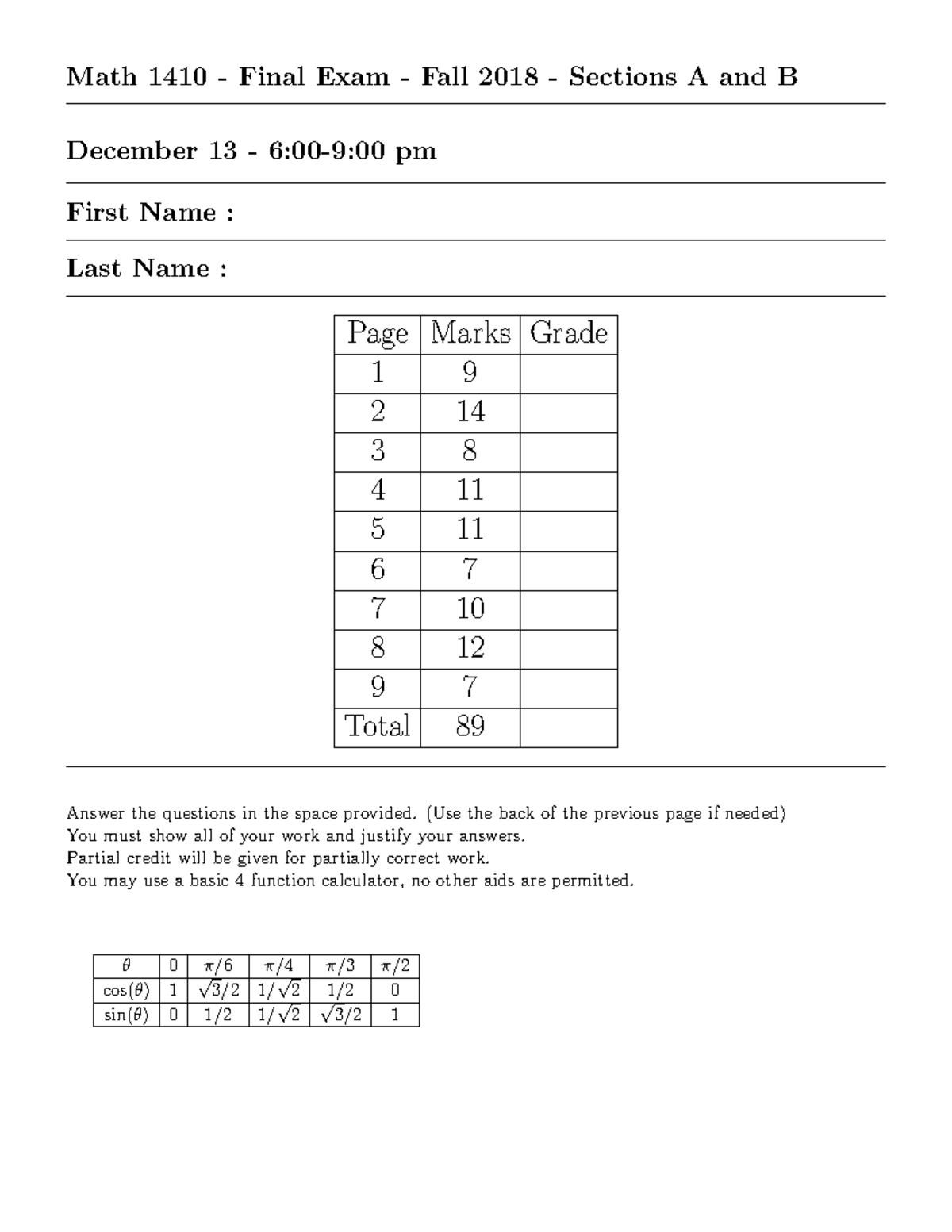 Math 1410 - Final Exam Questions and Answers - Fall 2018 - Studocu