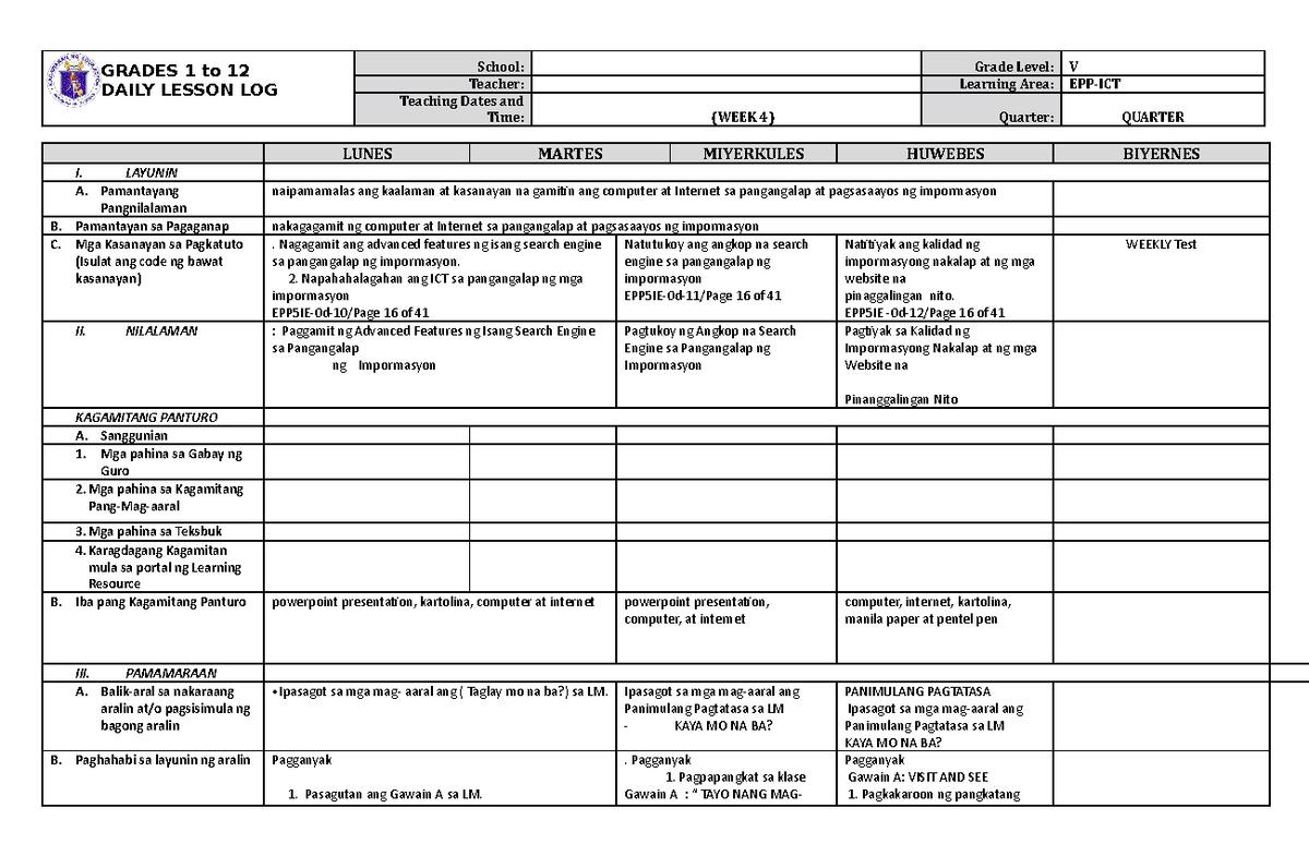 Grade 5 DLL EPP 5 Q4 Week 4 - GRADES 1 to 12 DAILY LESSON LOG School ...