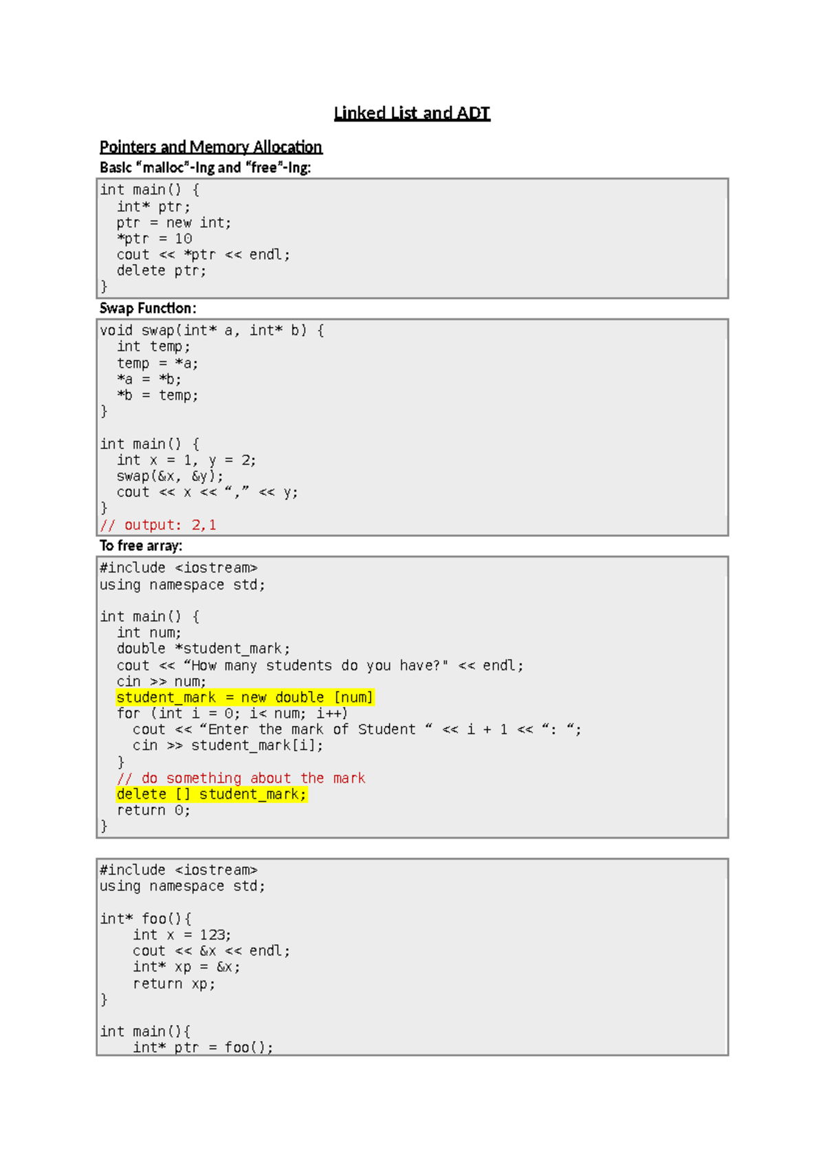 L2 Lecture Notes: Linked Lists, ADTs, and Memory Management - Studocu