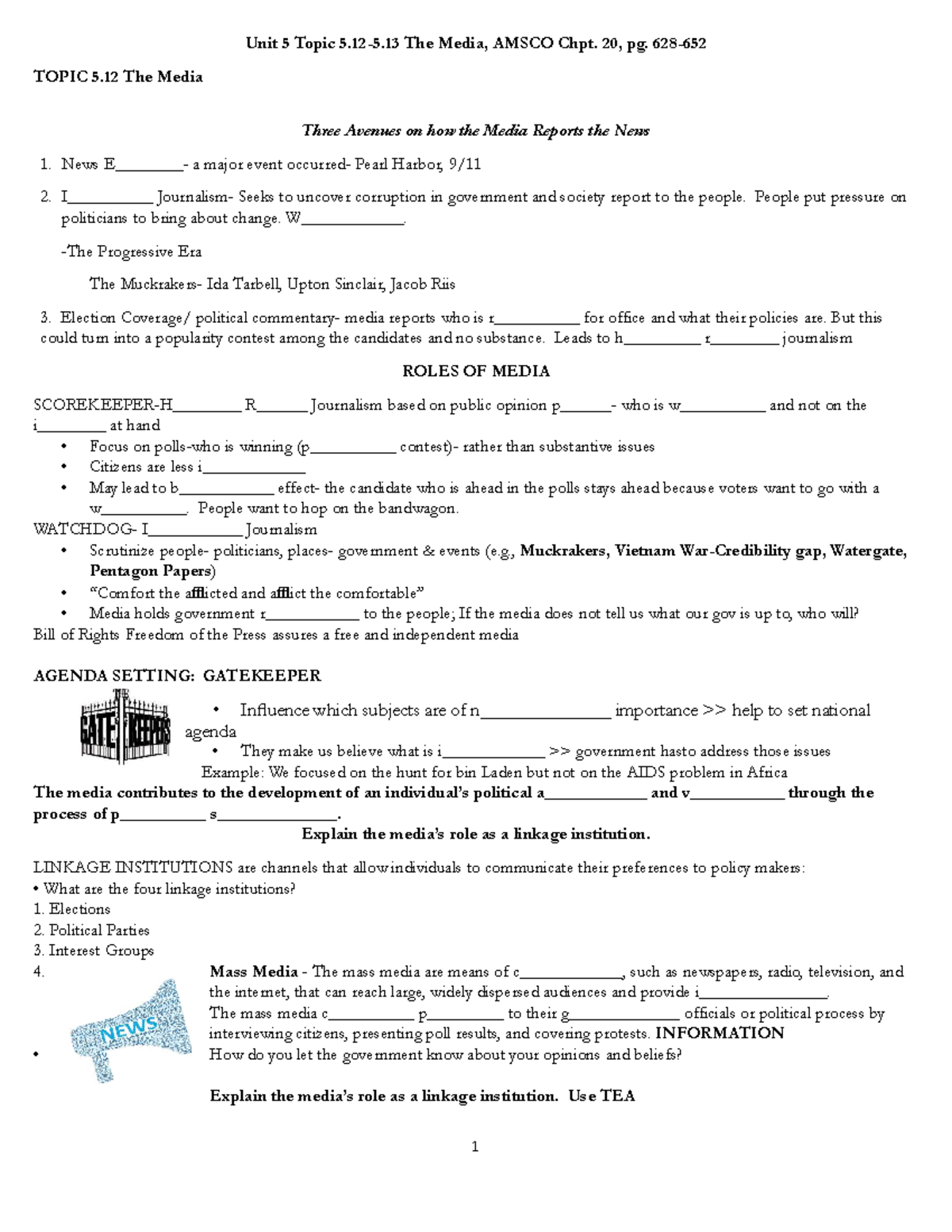 Unit 5 Topics 5.12-5.13: The Media's Role in Politics, AMSCO Chpt. 20 ...