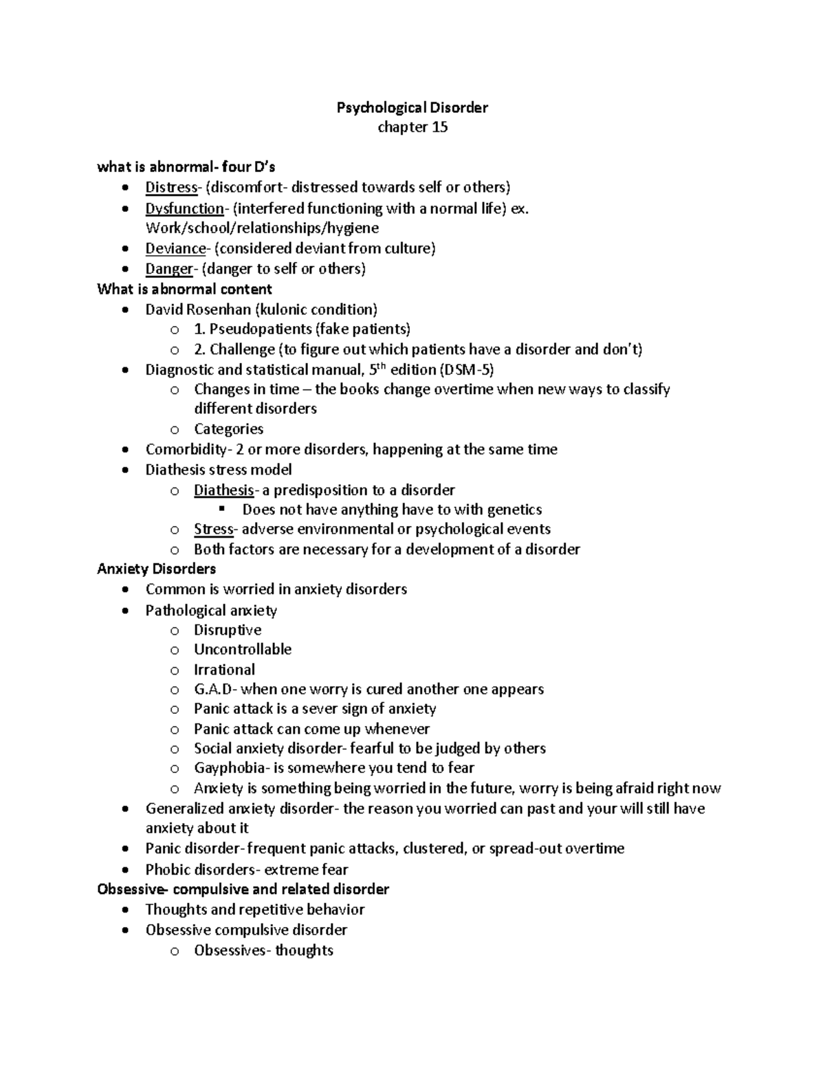 Psychological Disorders Overview - Chapter 15 Notes (PSY 101) - Studocu