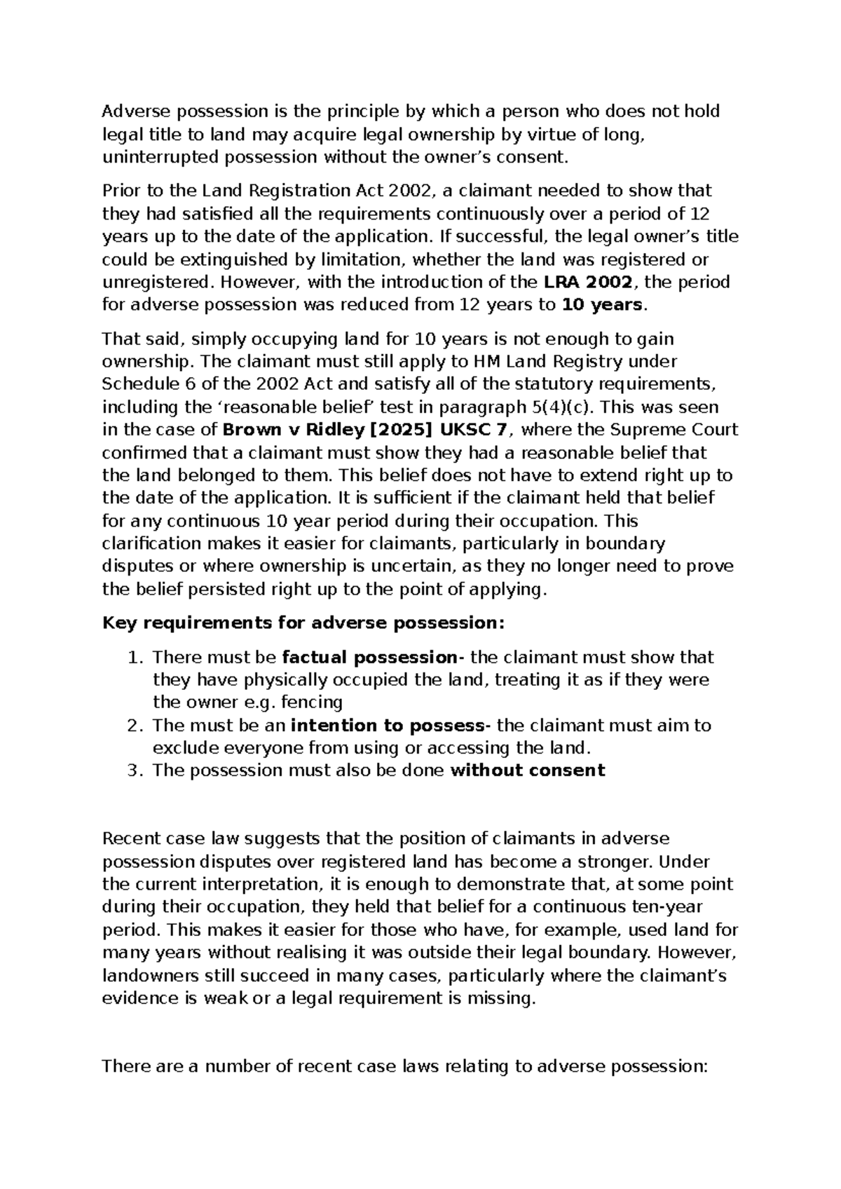 Adverse Possession: Key Notes on Legal Ownership Principles - Studocu