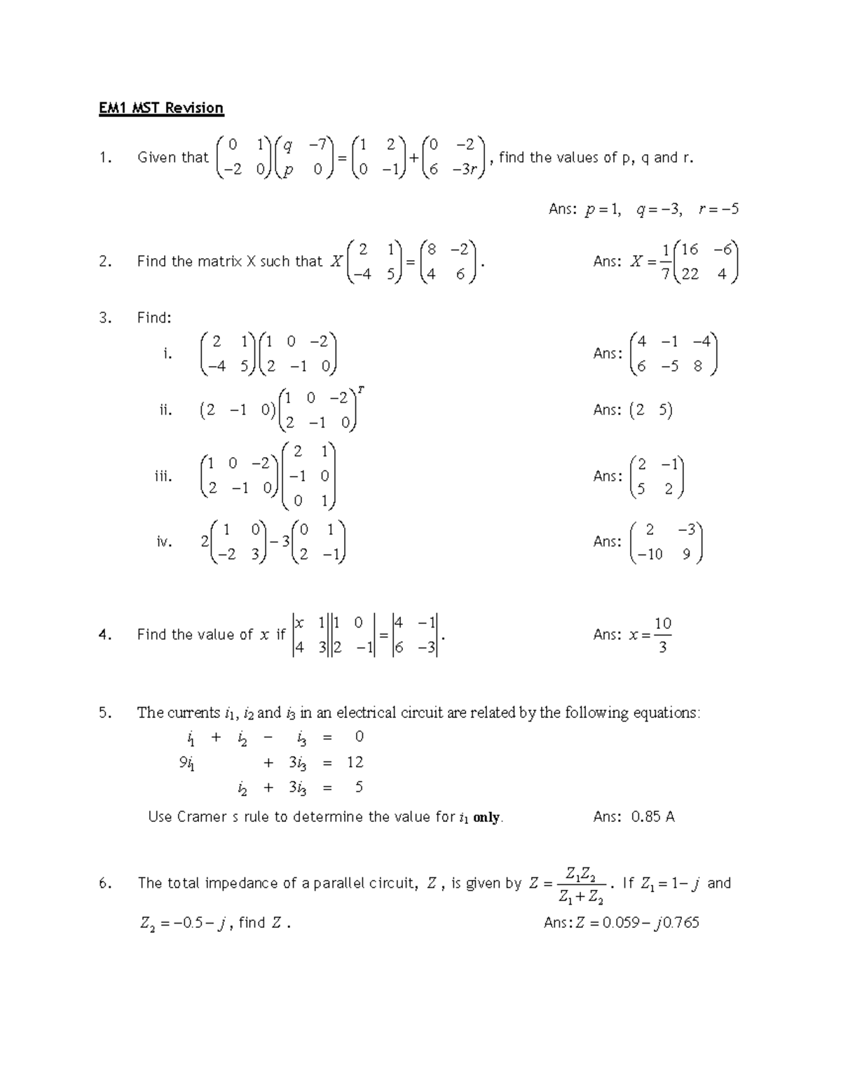 EM1 MST Revision: Matrix and Circuit Analysis Solutions - Studocu