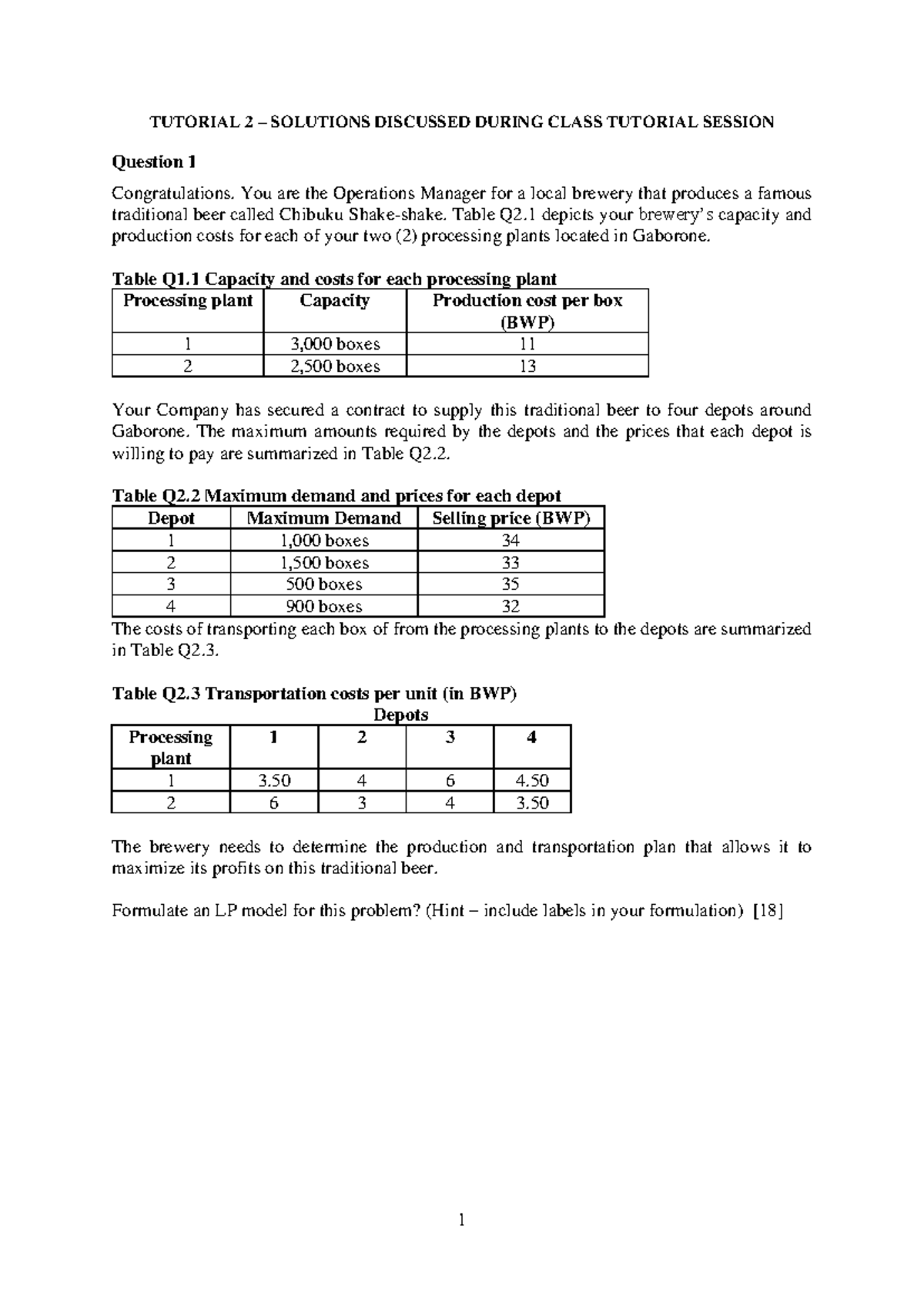 IMB 425 Tutorial 2: Solutions for Brewery Operations Management - Studocu