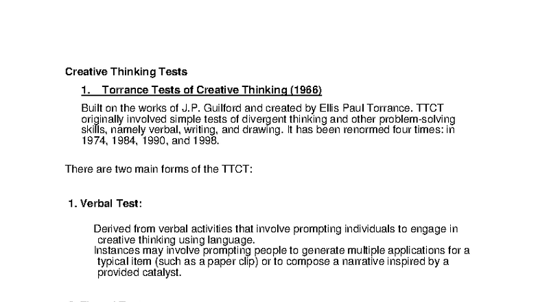 Creative Thinking Tests: Overview of TTCT, BWAS, and AUT - Studocu
