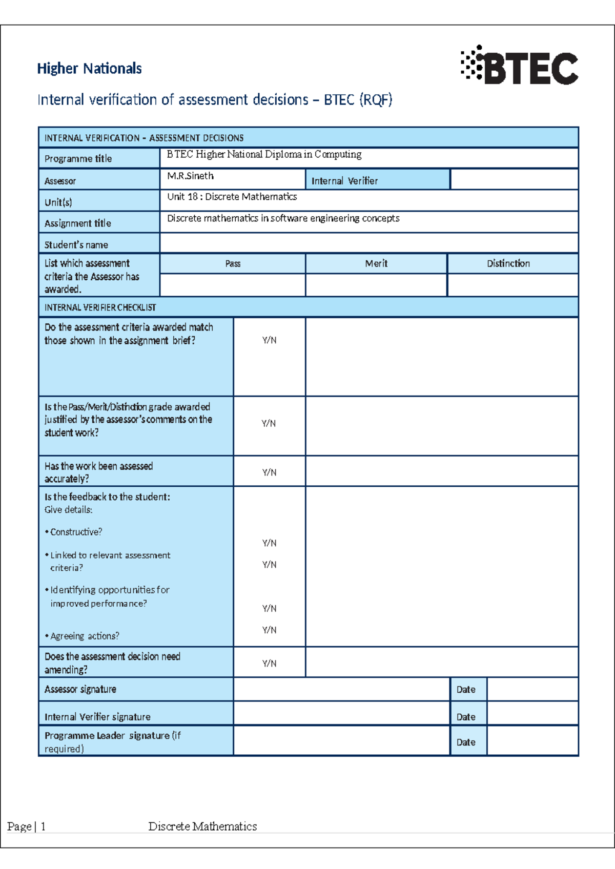 Unit 18: Discrete Mathematics Internal Verification Checklist and ...