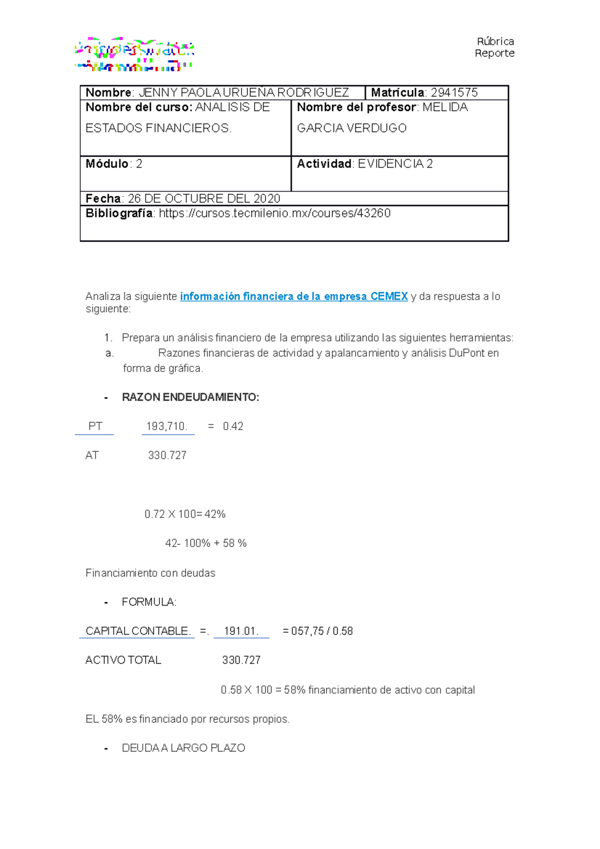 Evidencia 2 - Análisis Financiero de CEMEX en el Módulo 2 - Studocu