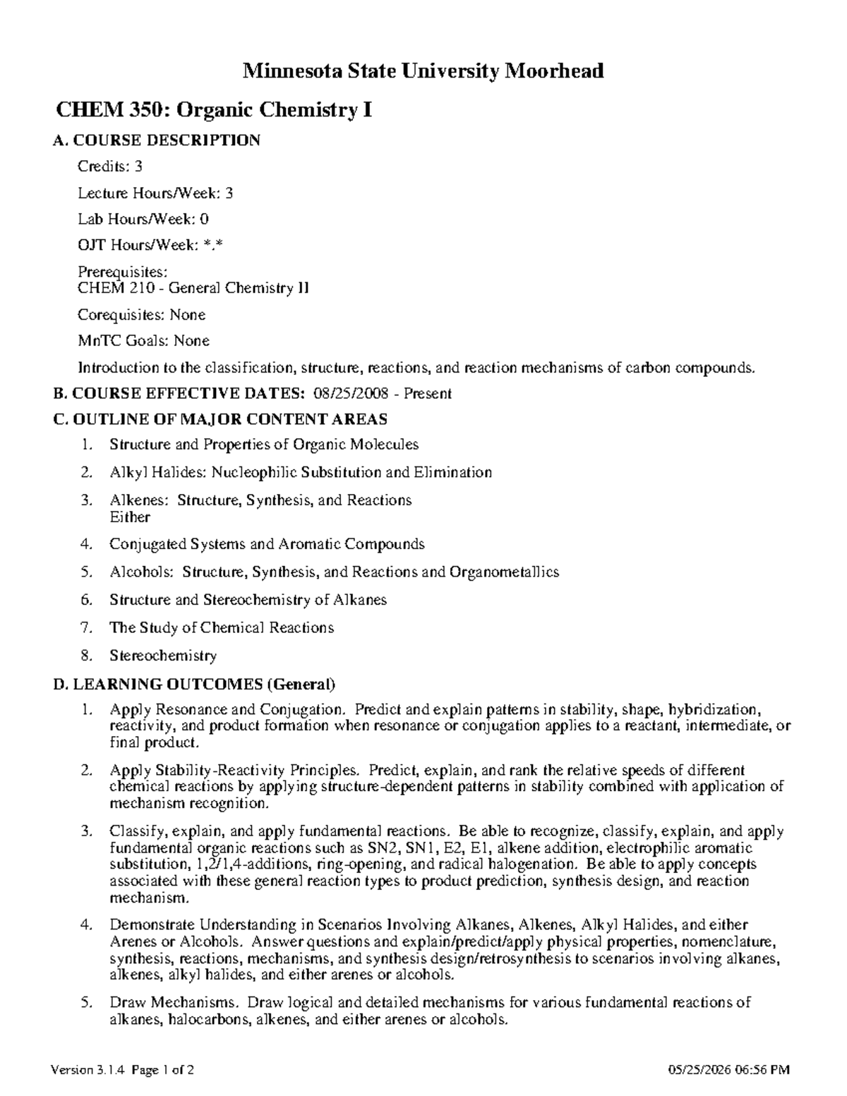 CHEM 350: Organic Chemistry I Course Outline and Learning Outcomes ...