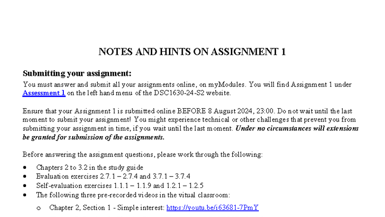 Notes and Hints for Assignment 01 DSC1630 S2 2024 - Studocu