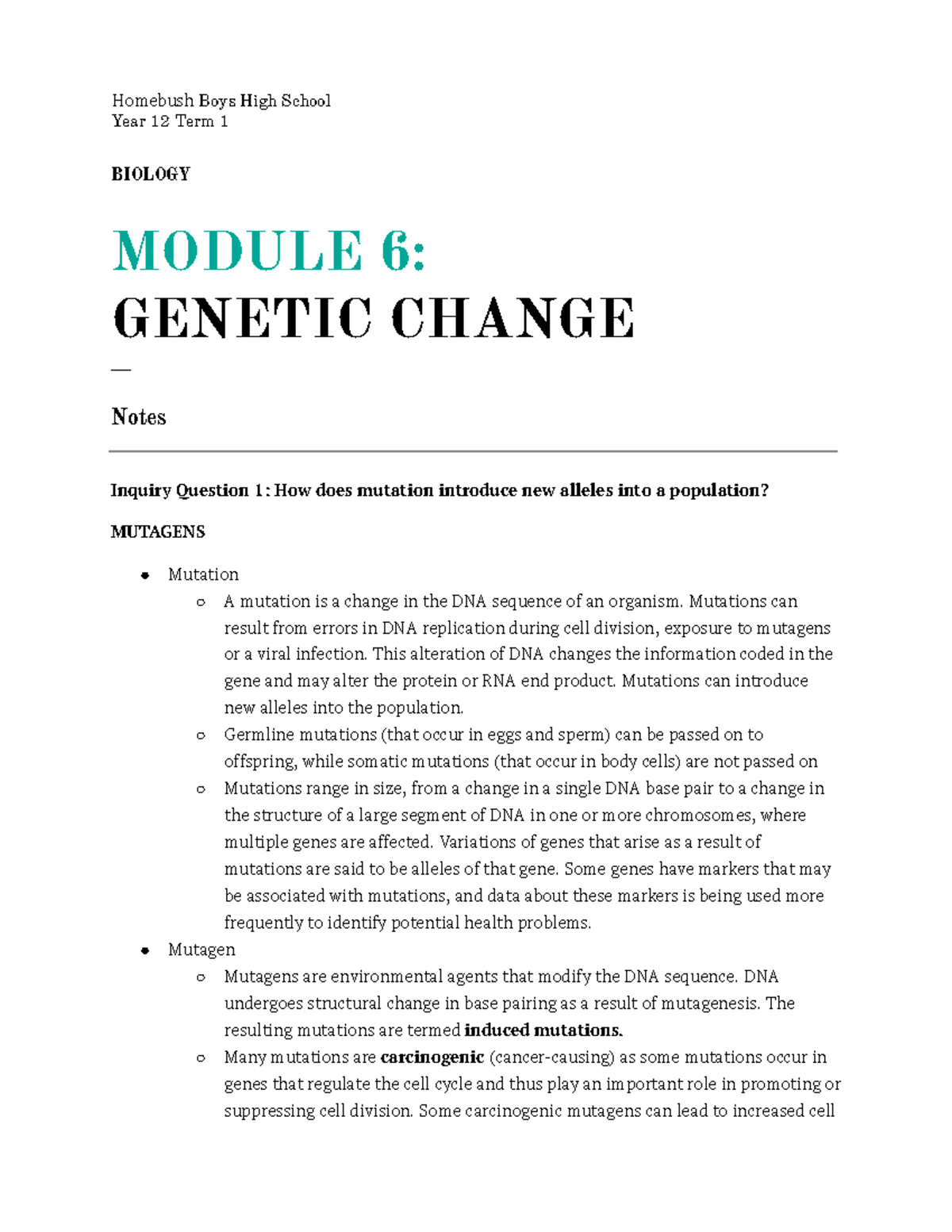 Biology Year 12 Module 6: Genetic Change Notes and Insights - Studocu