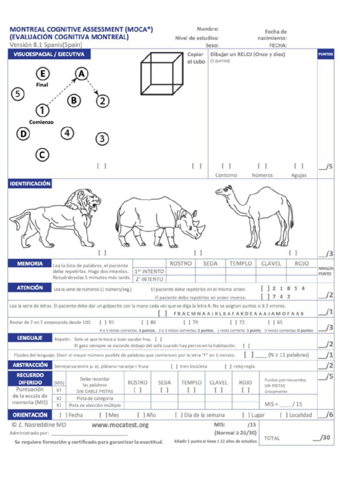 Moca - Evaluación Cognitiva Montreal (MOCA) Versión 8.1 en Español