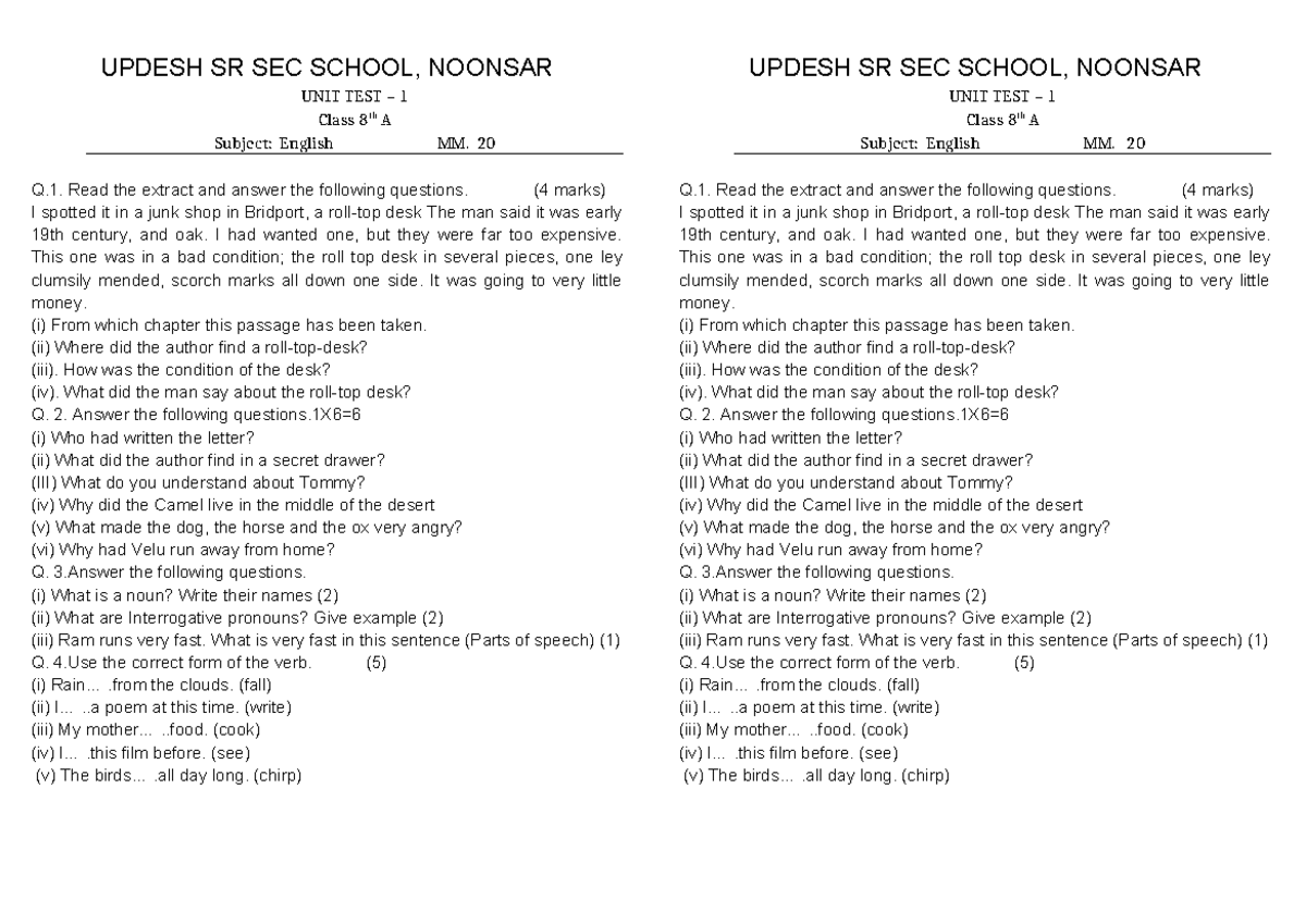 8th A English UT1 - Comprehensive Study Notes and Q&A Guide - Studocu