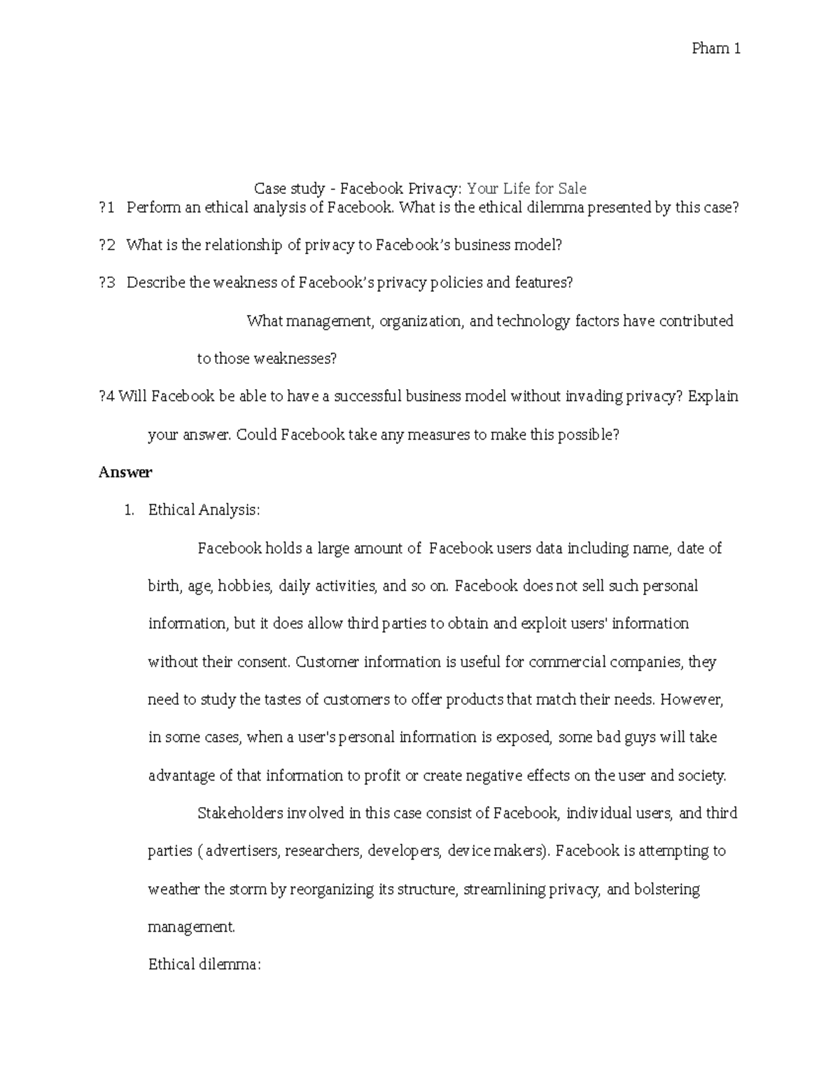 Case Study: Ethical Analysis of Facebook Privacy Issues (CS-101) - Studocu
