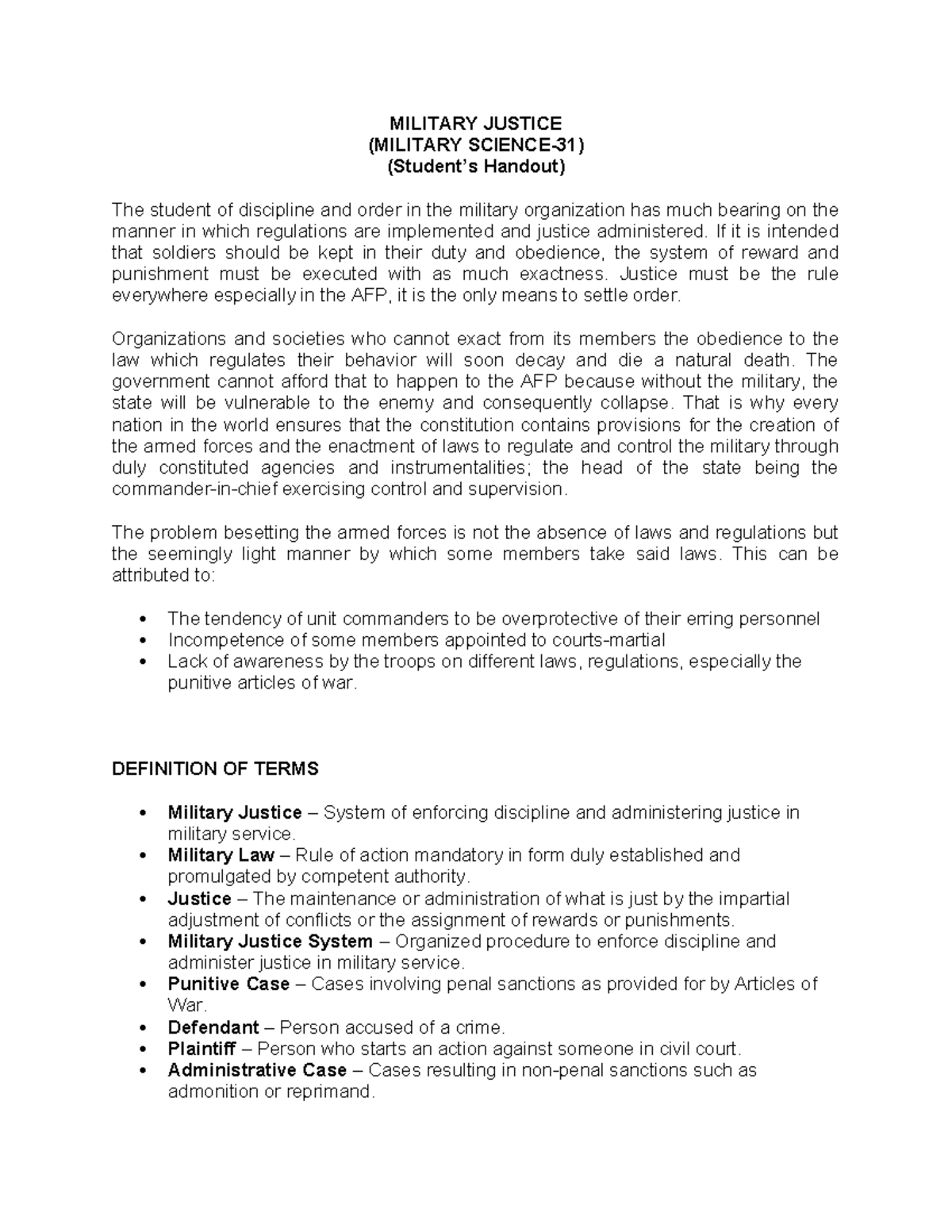 MILITARY JUSTICE SYSTEM (MILITARY Handout) - Studocu