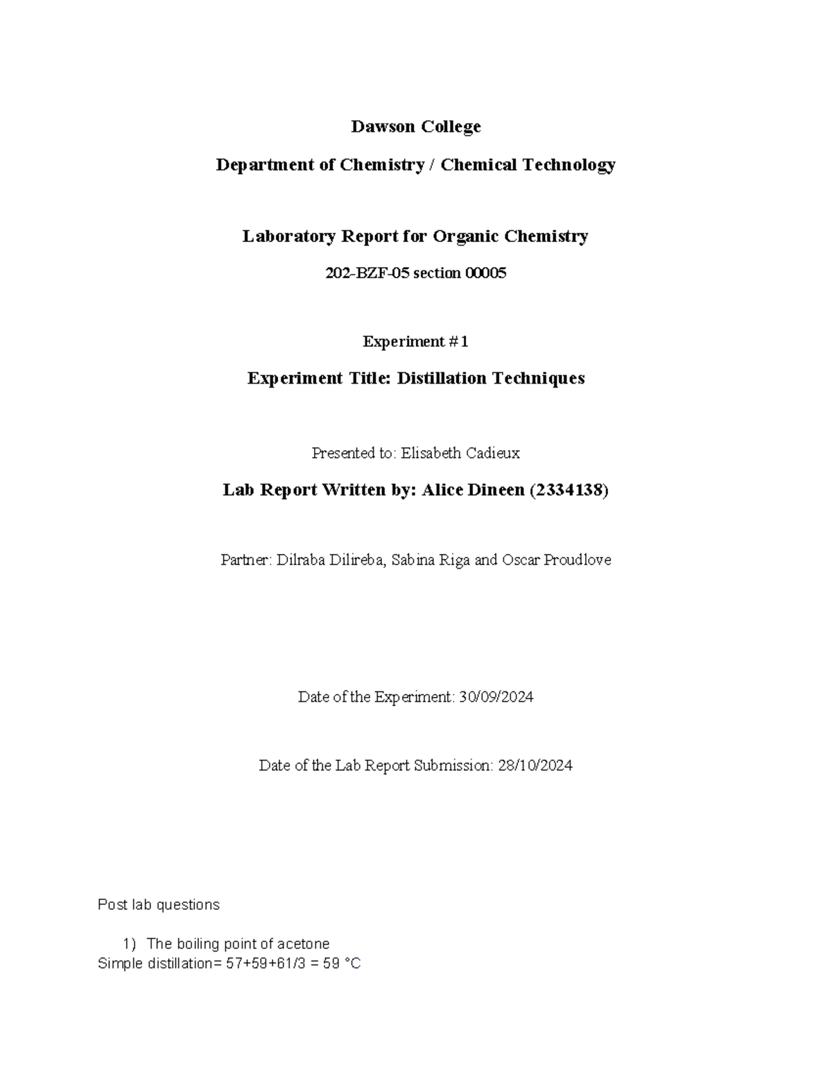 Distillation Techniques Lab Report: 202-BZF-05 Experiment #1 - Studocu