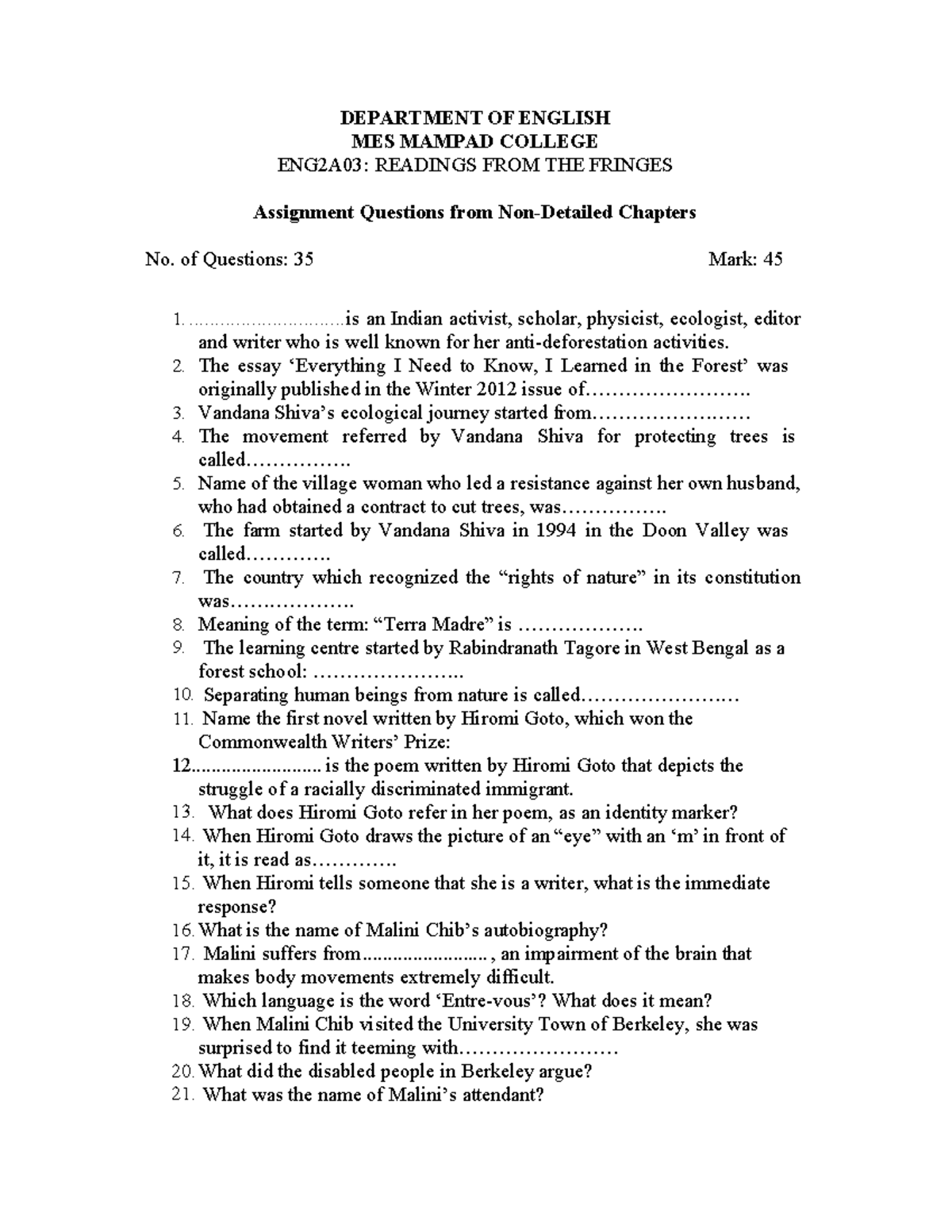 ENG2A03: Assignment Questions on Readings from the Fringes - Studocu