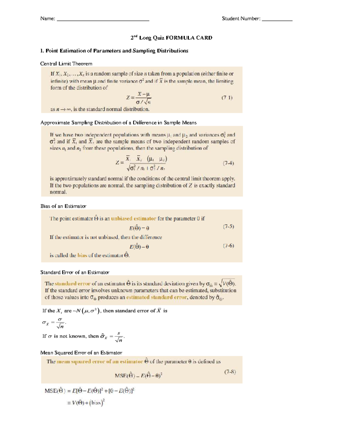 Dataeng 2nd Long Quiz: Statistical Formula Card & Concepts - Studocu