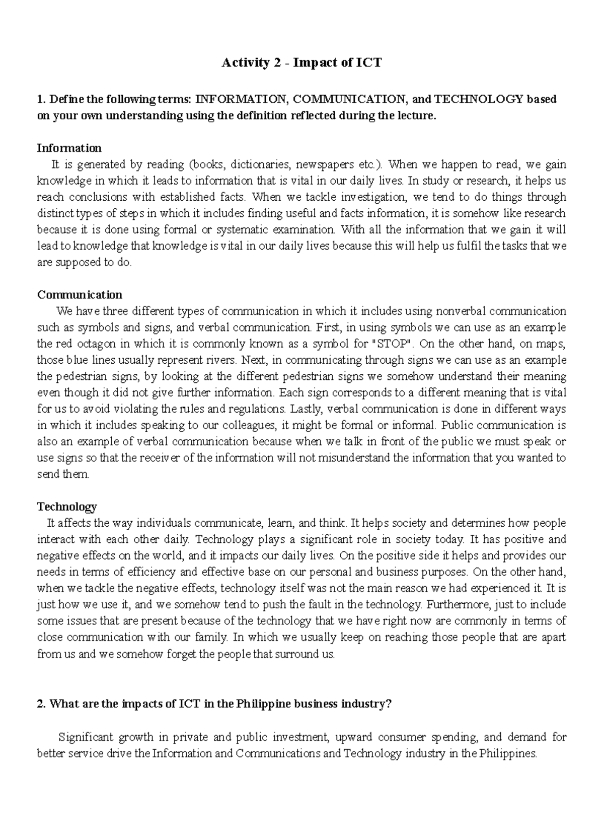 Activity 2: Exploring the Impact of ICT on Business Industries - Studocu