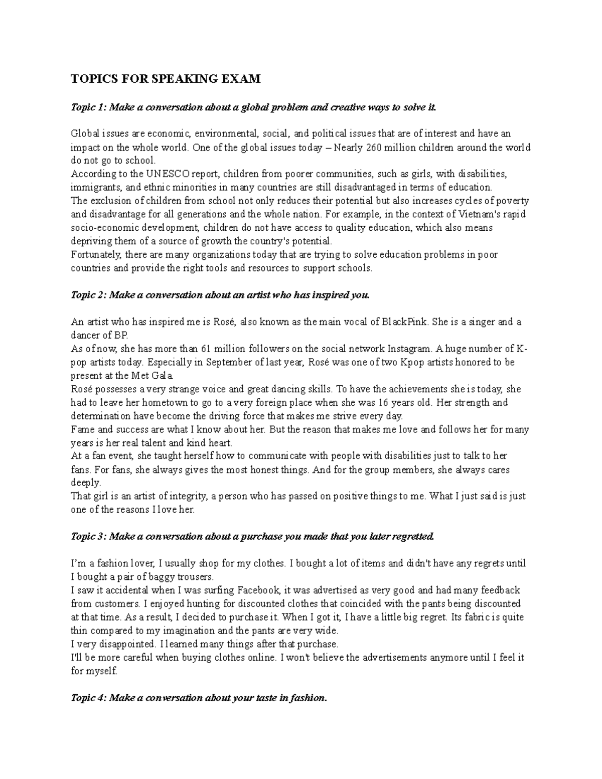 Topics for Speaking Exam: Skills Development & Conversations - Studocu