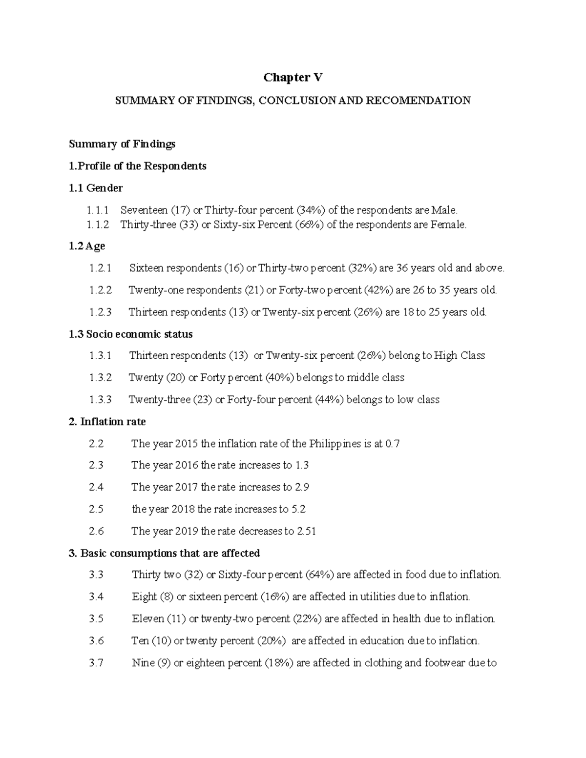 Chapter V - Inflation and its effects - Chapter V SUMMARY OF FINDINGS ...