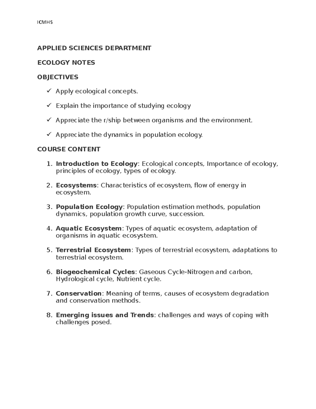 Ecology (BIO 101): Comprehensive Study Notes and Concepts - Studocu
