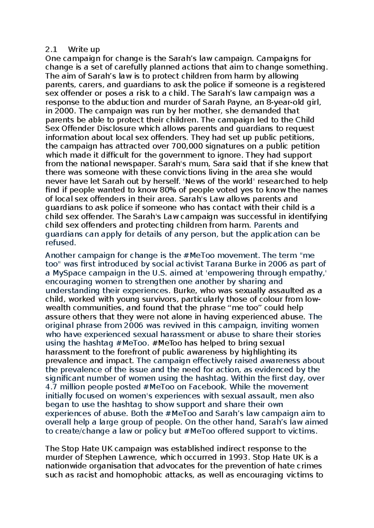 Unit 1 Write Up: Campaigns for Change and Their Impact - Studocu