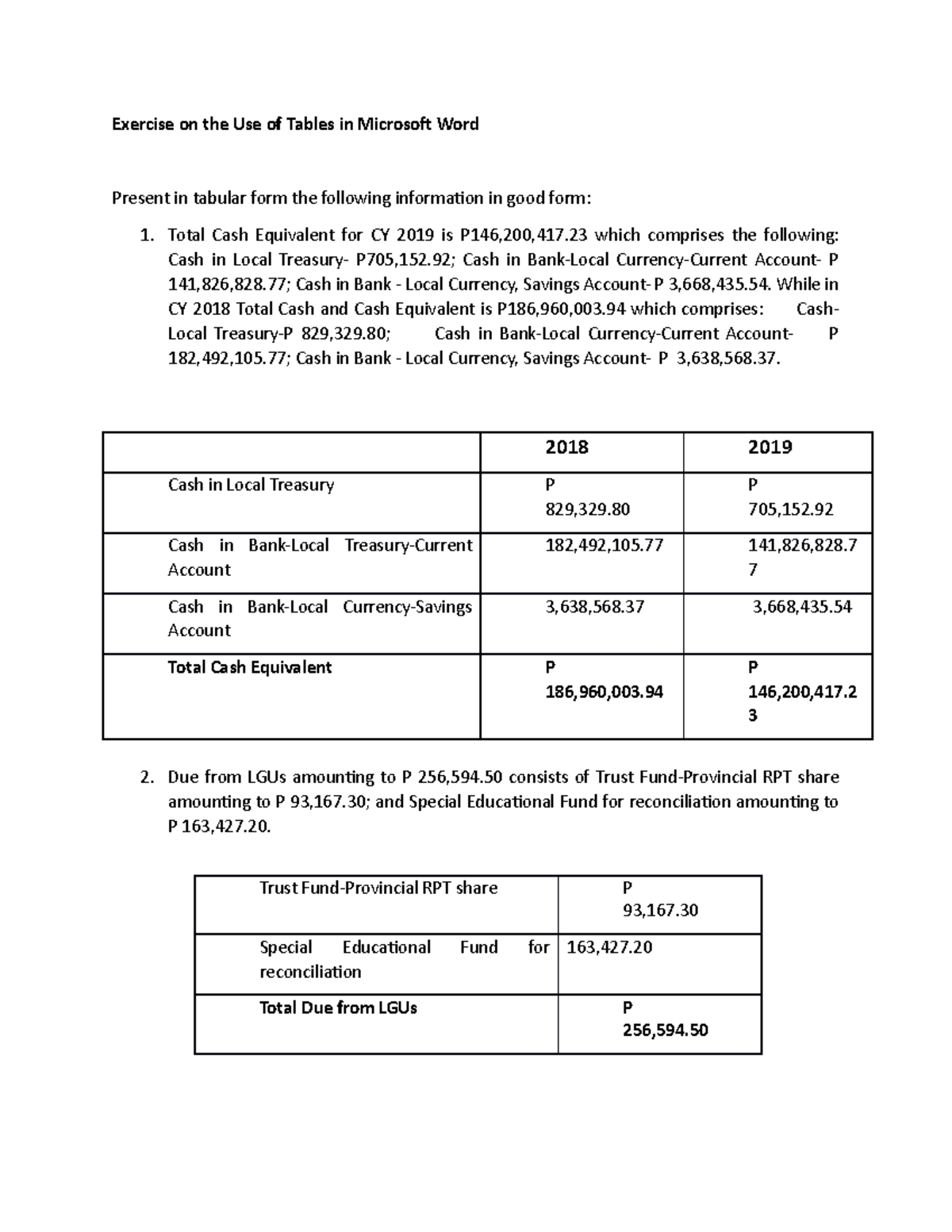 Exercise on the Use of Tables in Microsoft Word - BSBA in mm - DWCL ...