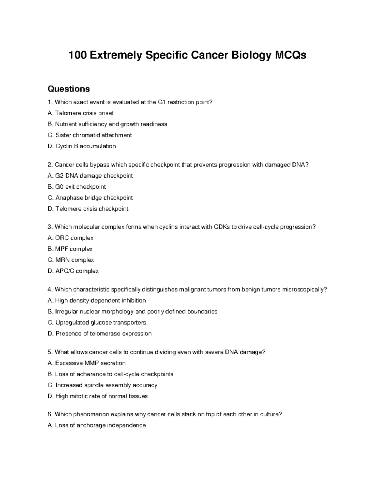 Cancer Biology 100 MCQs Practice Questions for Exam Prep - Studocu