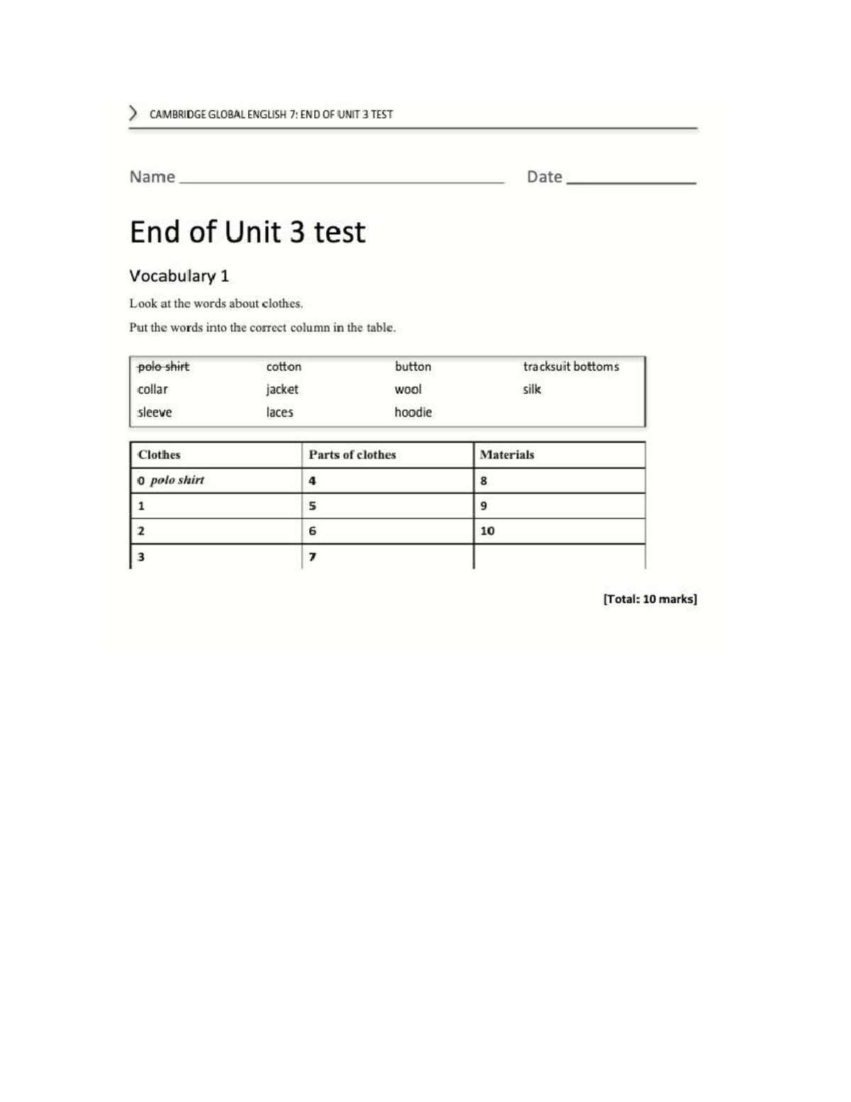 CAMBRIDGE GLOBAL ENGLISH 7: END OF UNIT 3 TEST - Vocabulary & Grammar ...