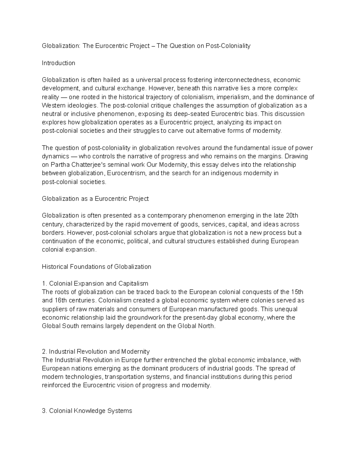 Globalization and Post-Coloniality: A Eurocentric Perspective Notes ...