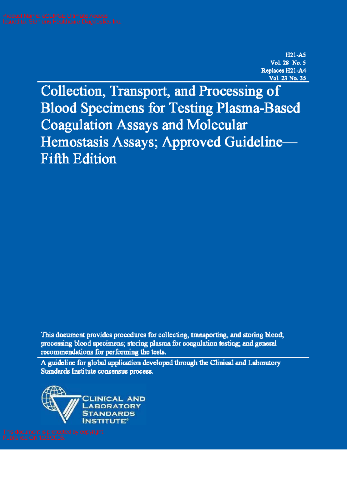 CLSI H28: Blood Specimen Collection, Transport, and Processing ...