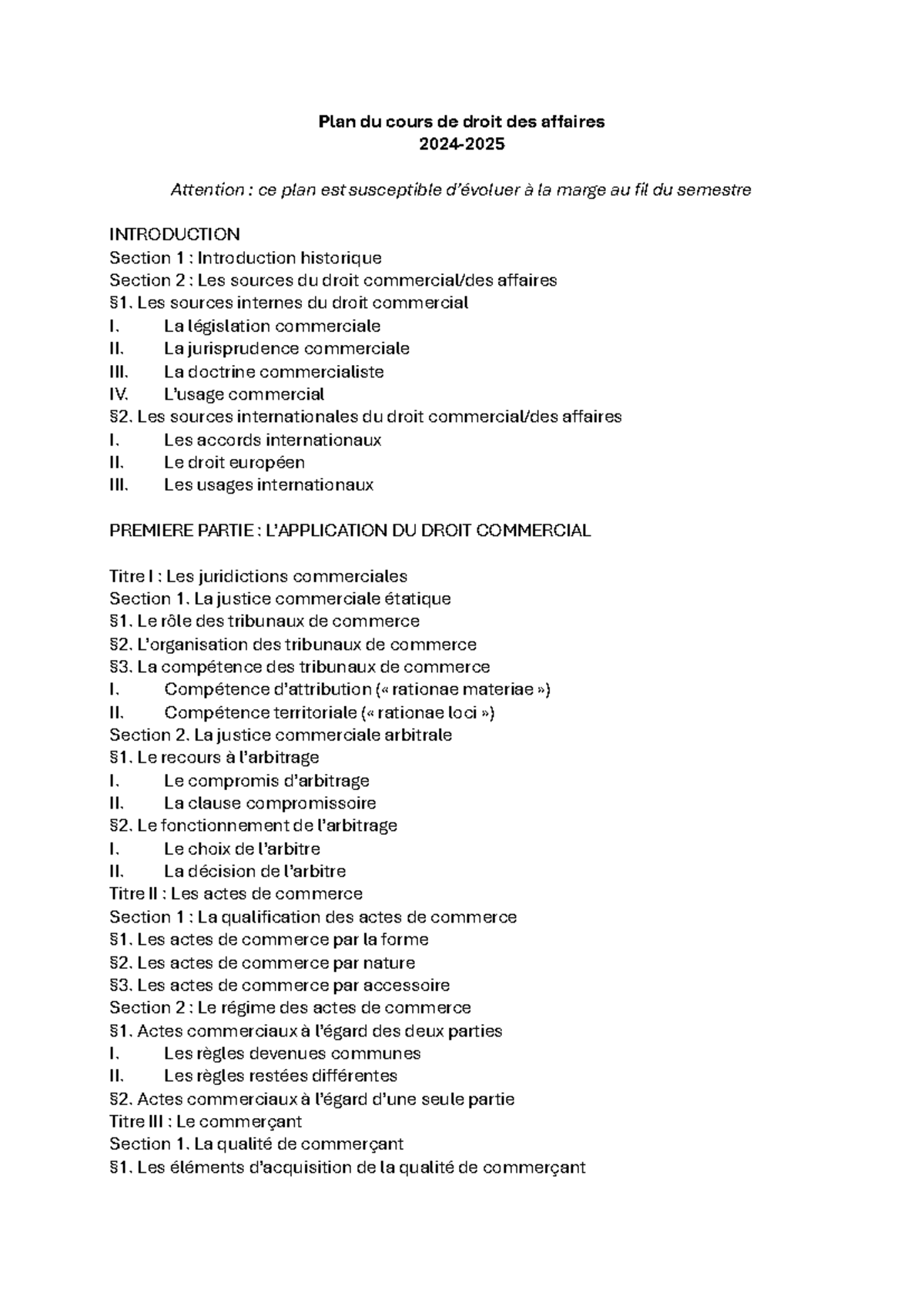 Plan du cours de Droit des Affaires 2024-2025 : Introduction et ...