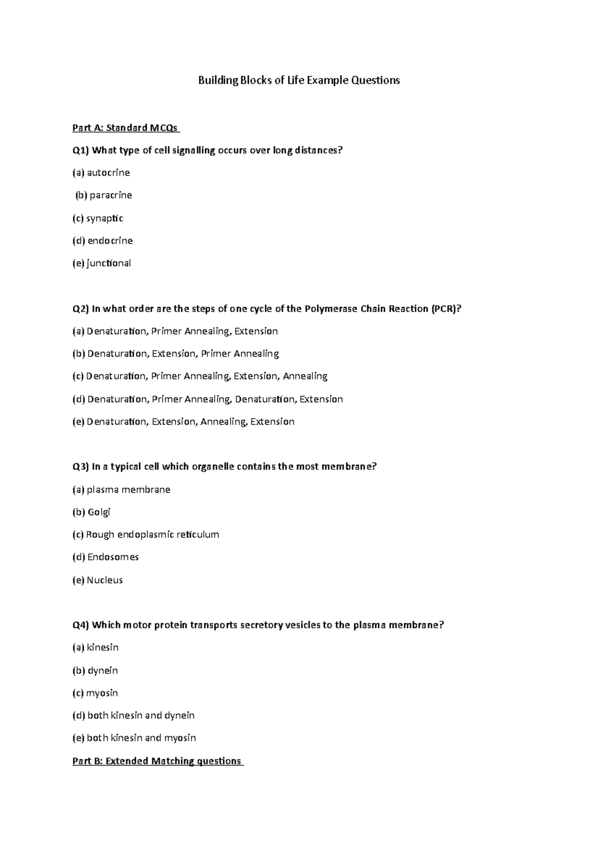 Building Blocks of Life MCQs & Extended Matching Questions - Studocu