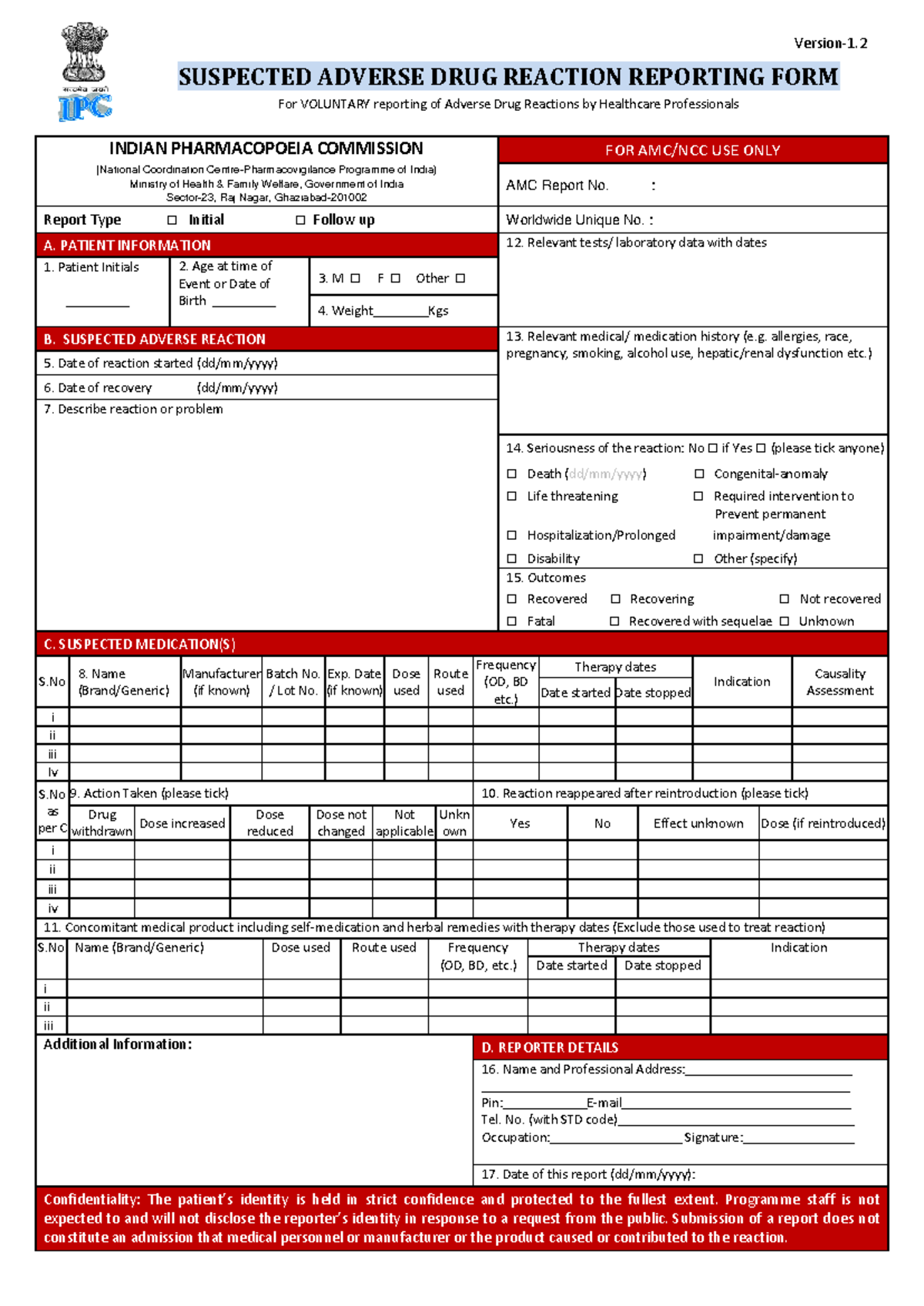 Adverse Drug Reaction Reporting Form - AMC/NCC Use Only - Studocu